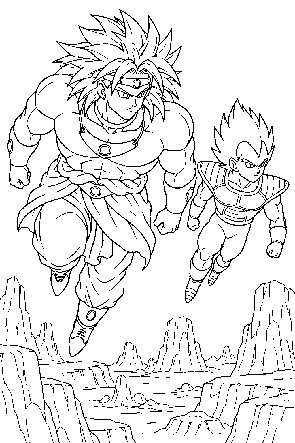 dragon ball z broly flying beside vegeta while searching the rocky terrain of new planet vegeta line art