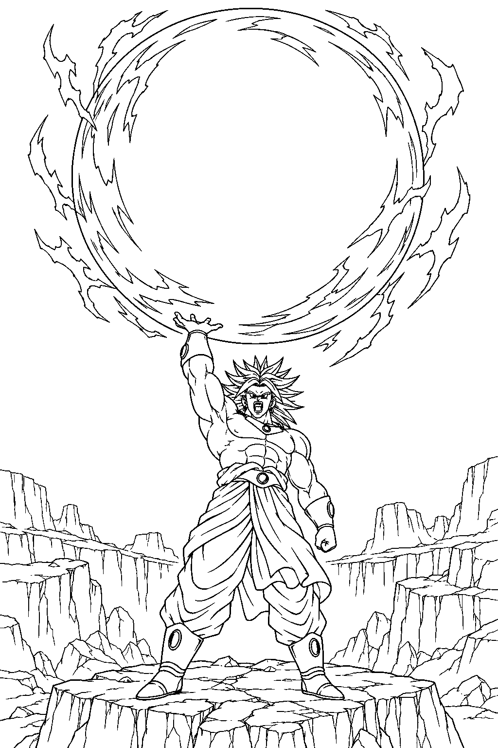 dragon ball z broly forming a gigantic omega blaster energy sphere above the shattered canyon line art