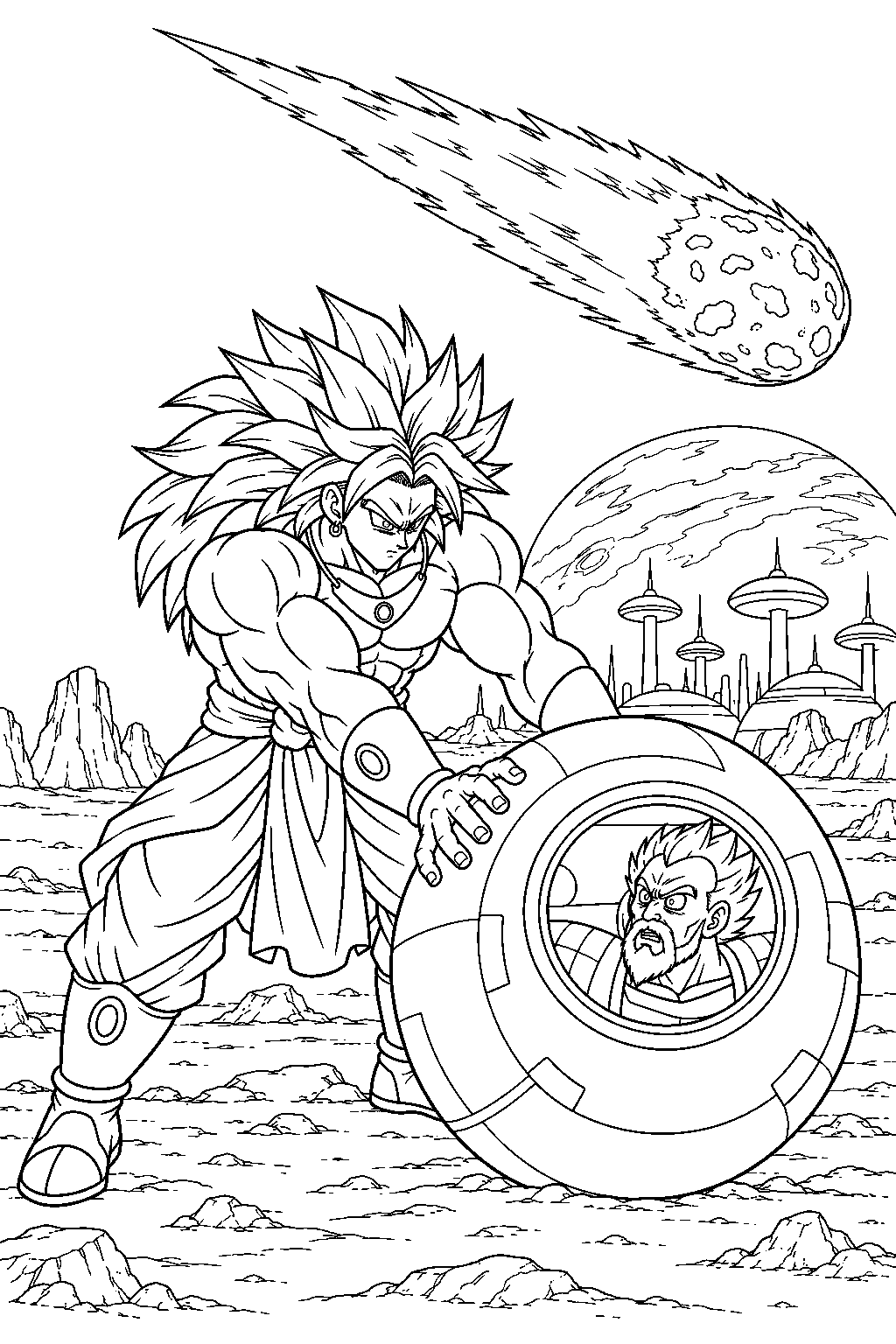 dragon ball z broly grasping paragus s escape pod as a comet approaches new planet vegeta line art