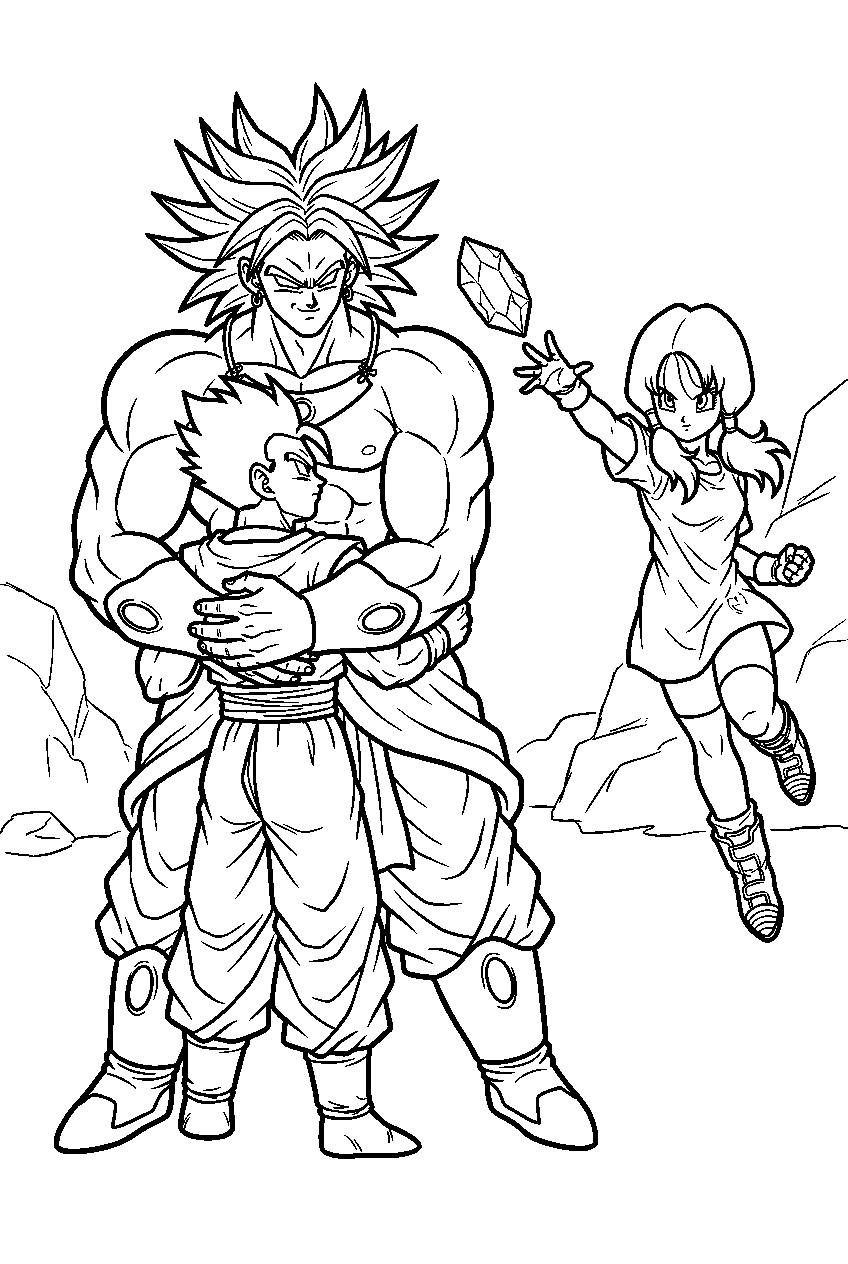 dragon ball z broly holding teen gohan in a bear hug as videl throws a crystal toward him line art
