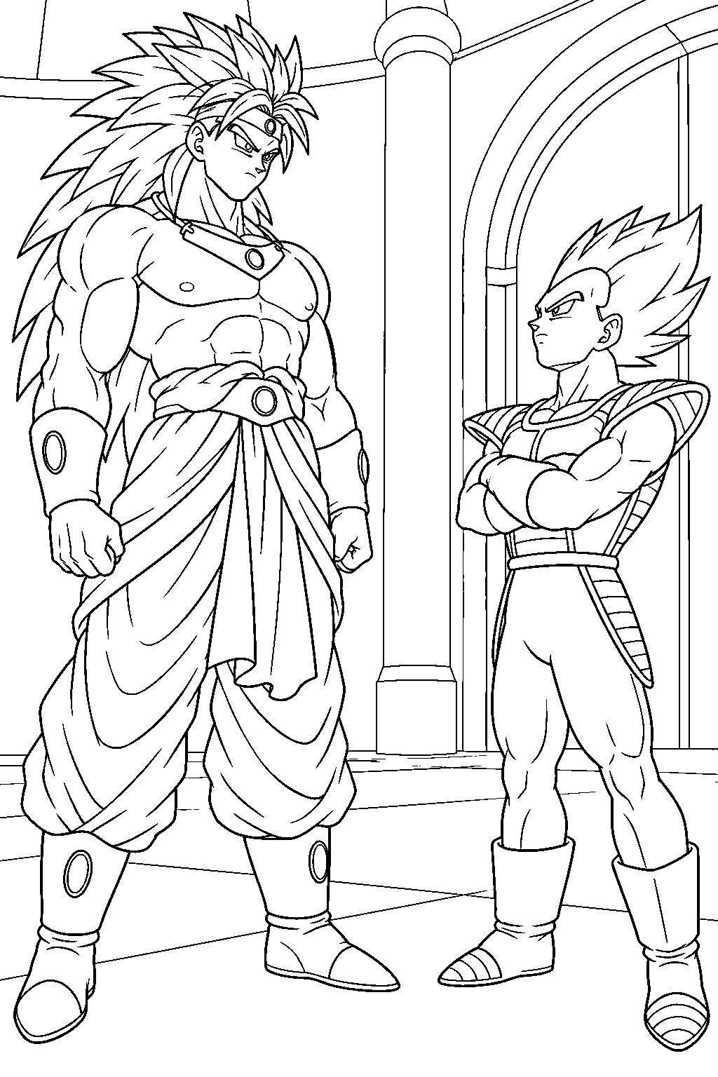 dragon ball z broly in base form meeting vegeta at the palace on new planet vegeta line art
