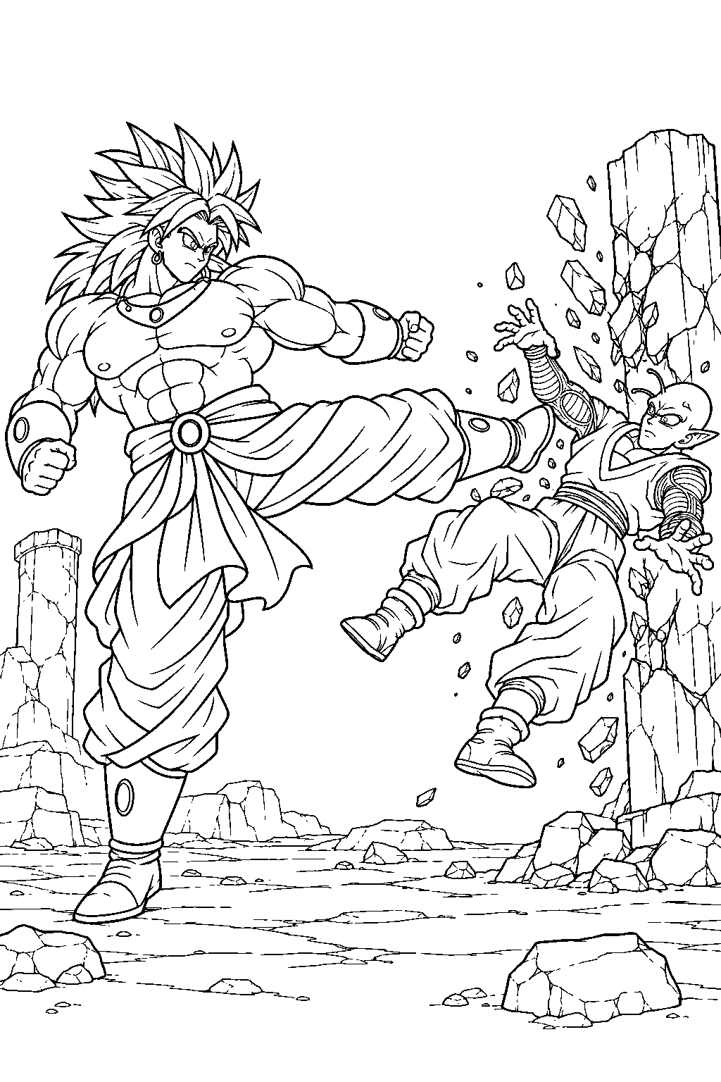 dragon ball z broly kicking piccolo away from a shattered stone pillar line art