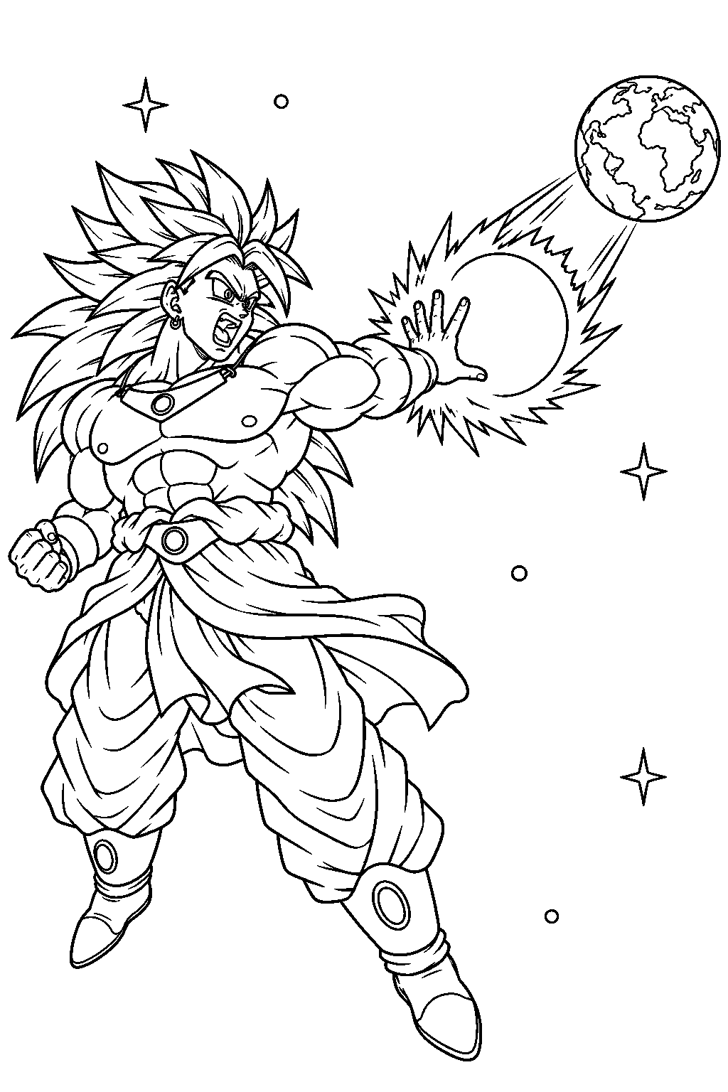 dragon ball z broly launching an energy sphere toward planet shamo from new planet vegeta line art