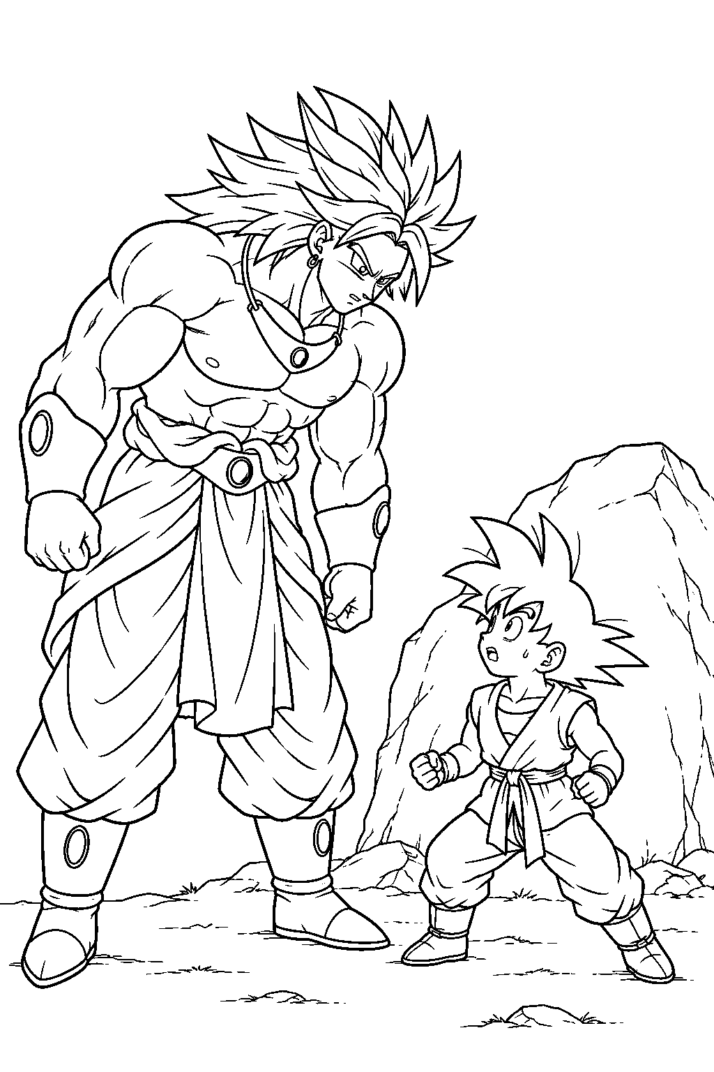 dragon ball z broly mistaking goten for goku beside the mountain rocks line art