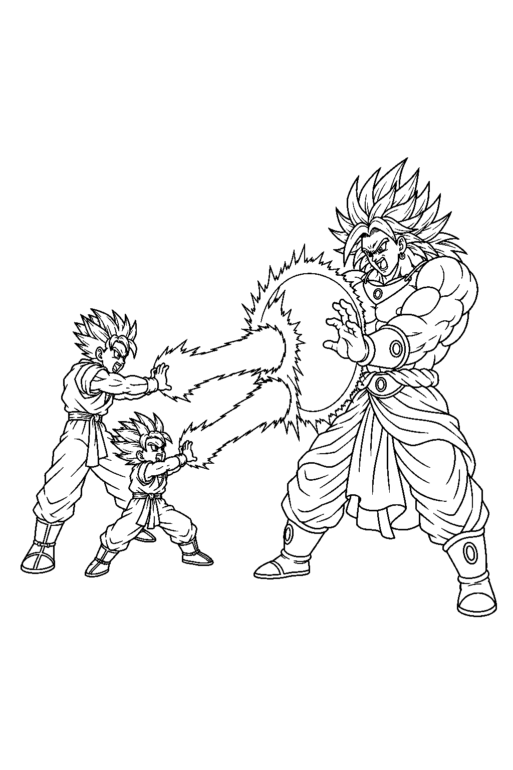 dragon ball z broly overpowering the combined kamehameha waves of gohan and goten line art