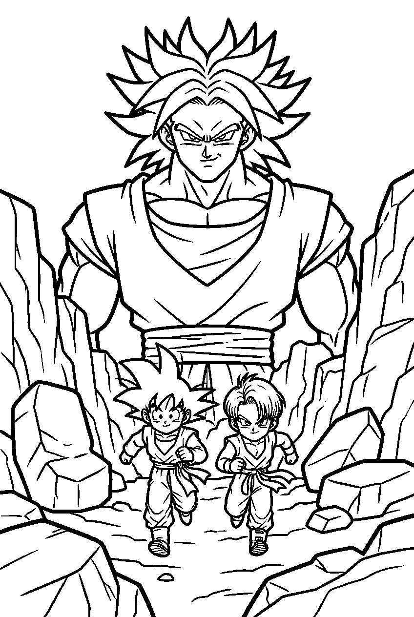 dragon ball z broly pursuing goten and kid trunks through a rocky ravine line art