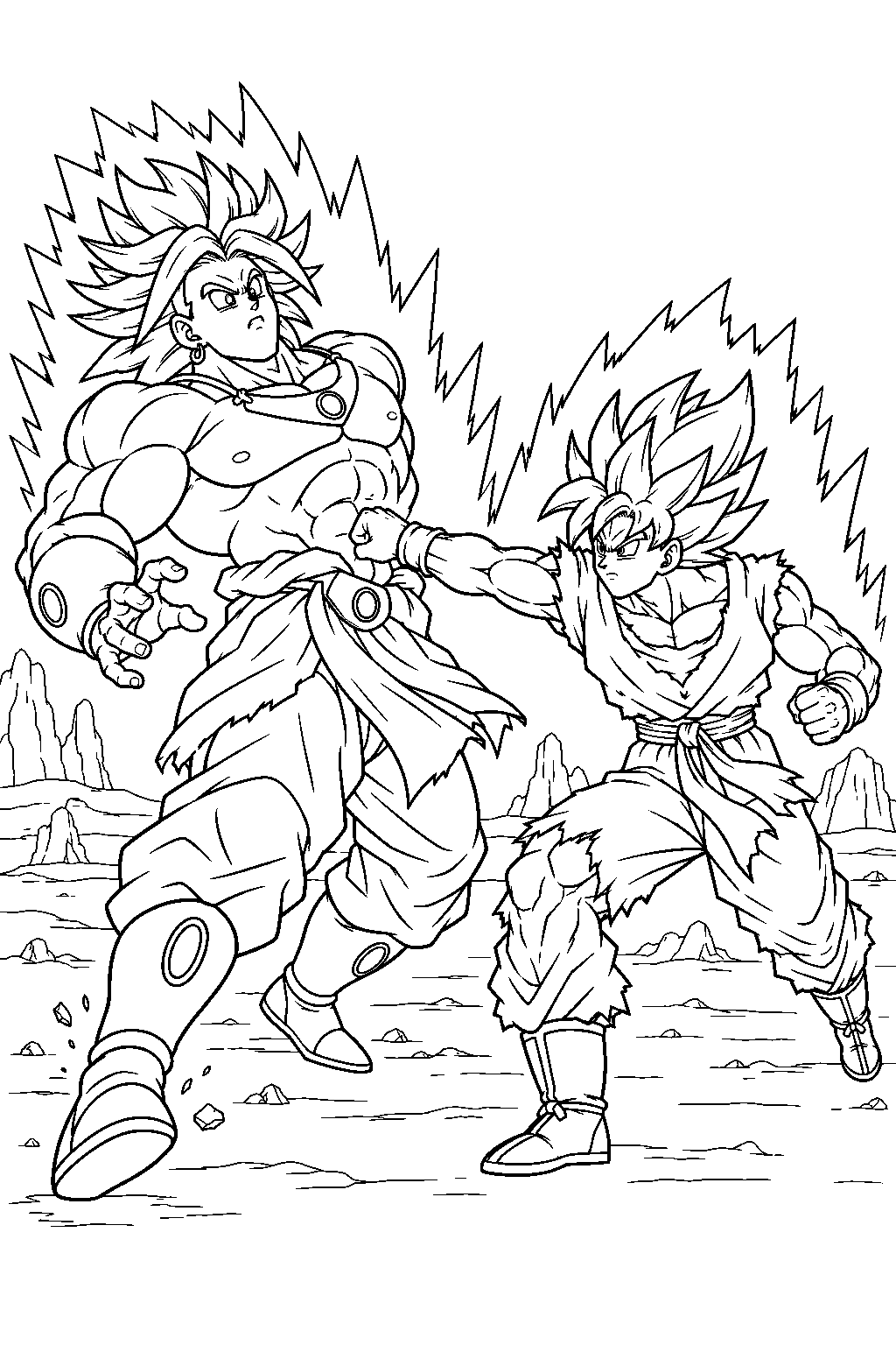 dragon ball z broly recoiling from goku s final powered punch on new planet vegeta line art