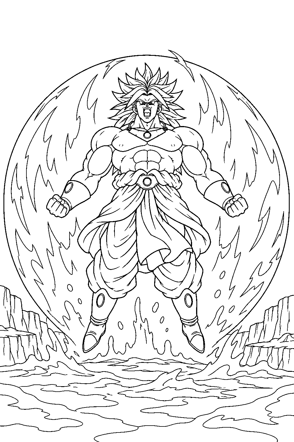 dragon ball z broly rising from the lava inside a protective energy barrier line art