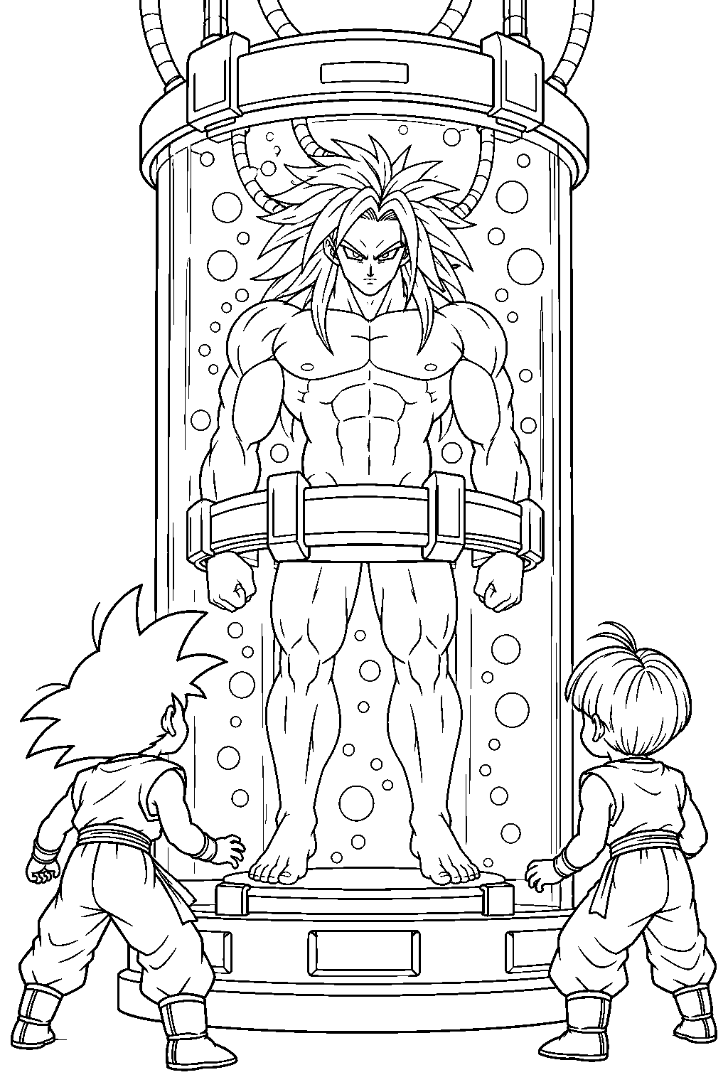 dragon ball z broly s clone glaring at goten and kid trunks through a laboratory tank line art