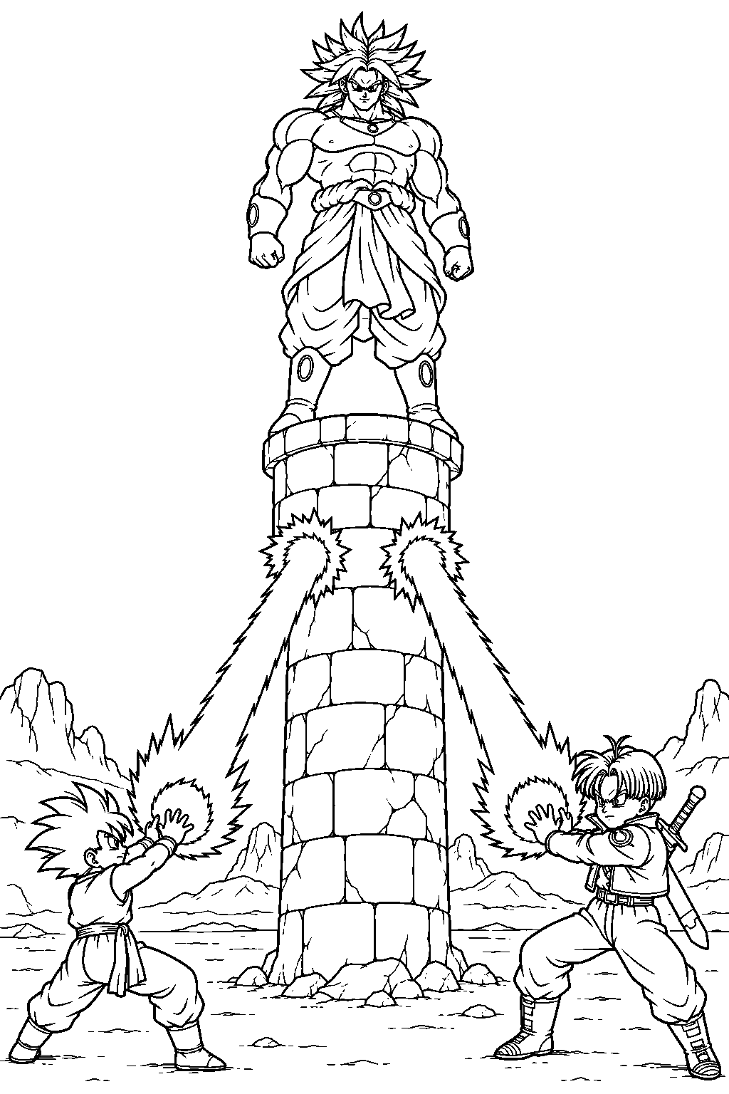 dragon ball z broly standing on a stone tower as young gohan and future trunks fire their combined masenko line art