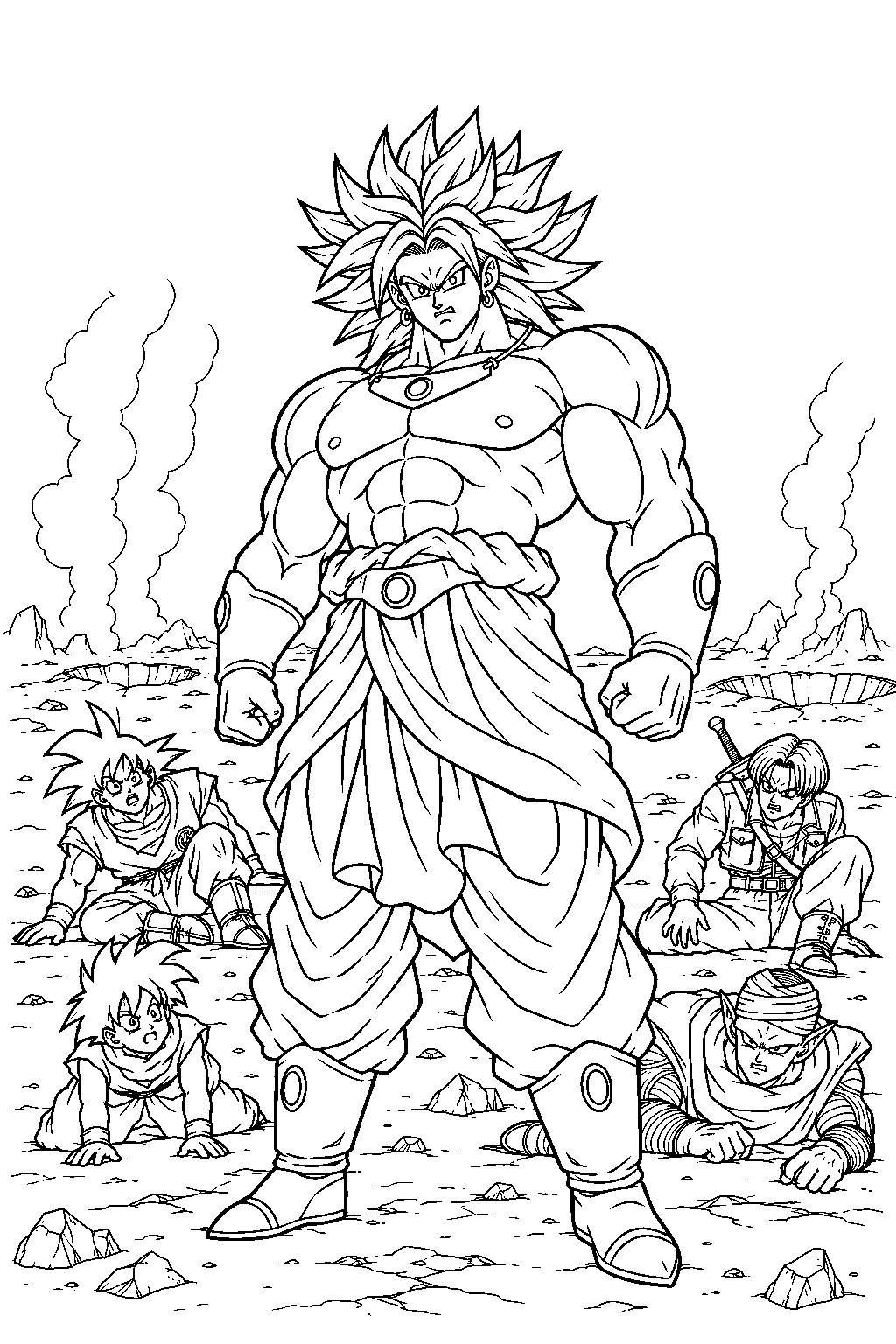 dragon ball z broly standing over the defeated z fighters among smoking battle craters line art