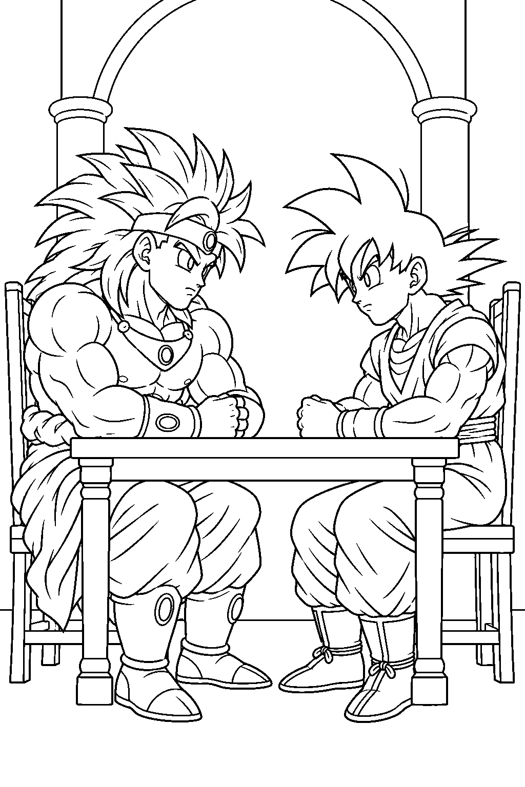dragon ball z broly staring at goku across the palace dinner table line art