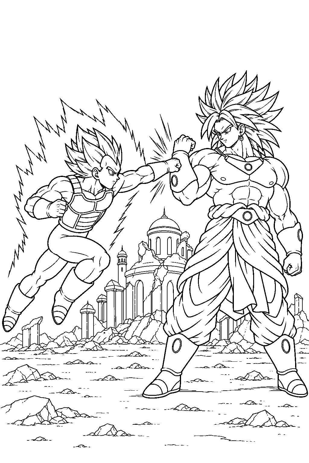 dragon ball z broly stopping super saiyan vegeta s attack outside the ruined palace line art