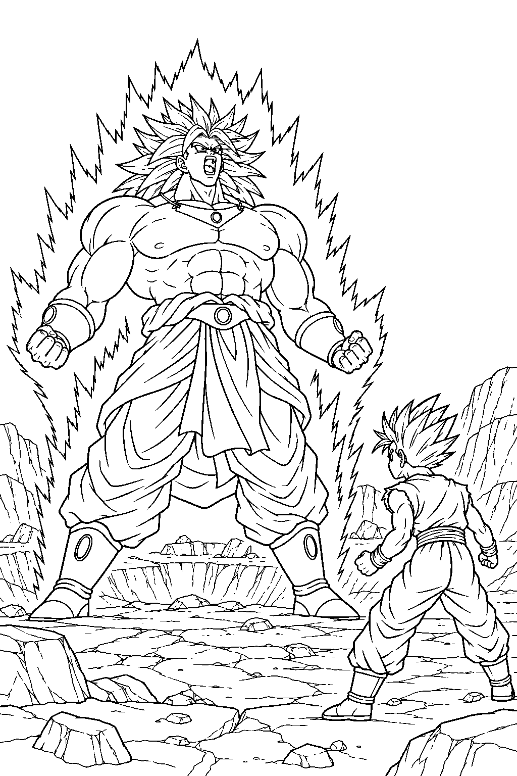 dragon ball z broly transforming into the legendary super saiyan opposite teen gohan in second coming line art
