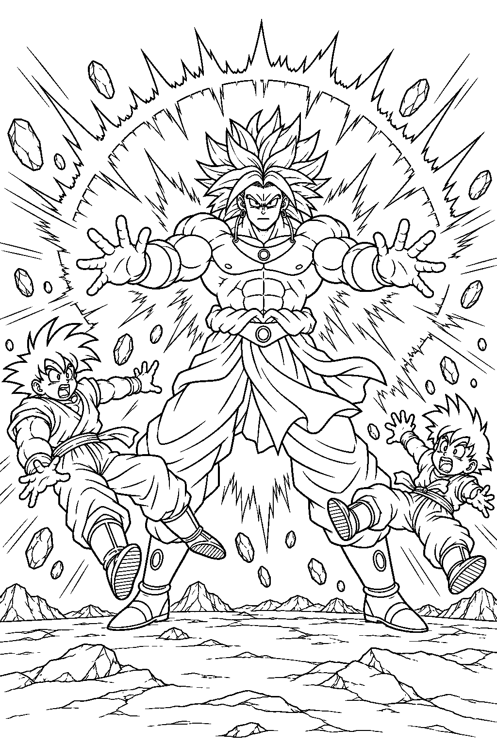 dragon ball z broly unleashing an explosive wave that drives goku and gohan backward line art