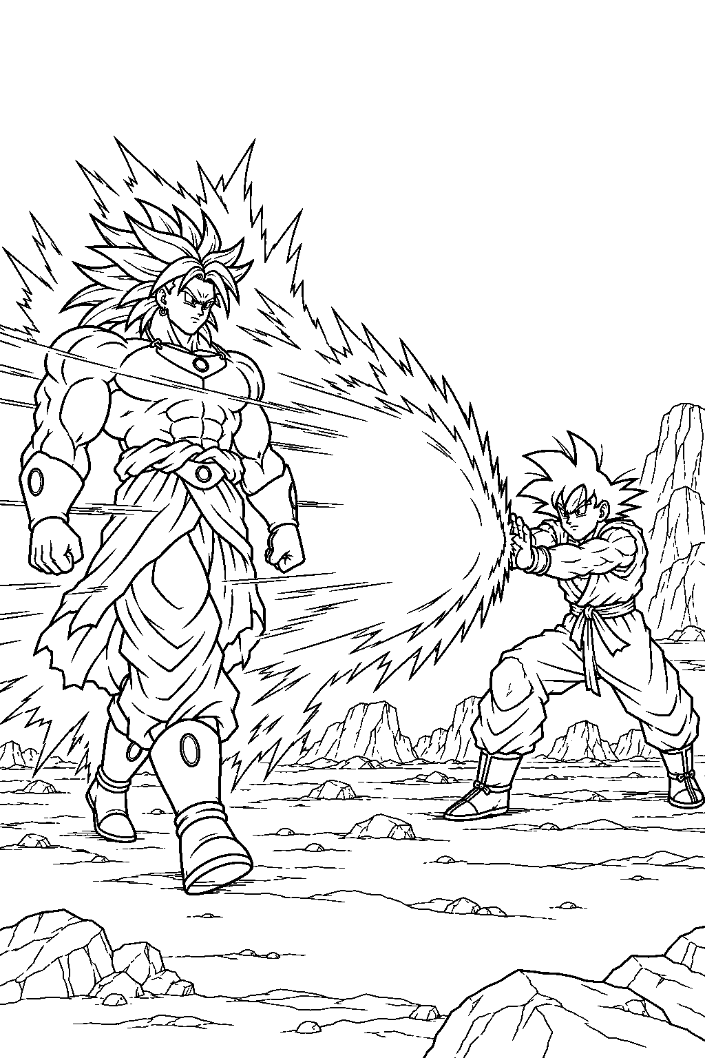 dragon ball z broly walking through goku s kamehameha without being pushed back line art