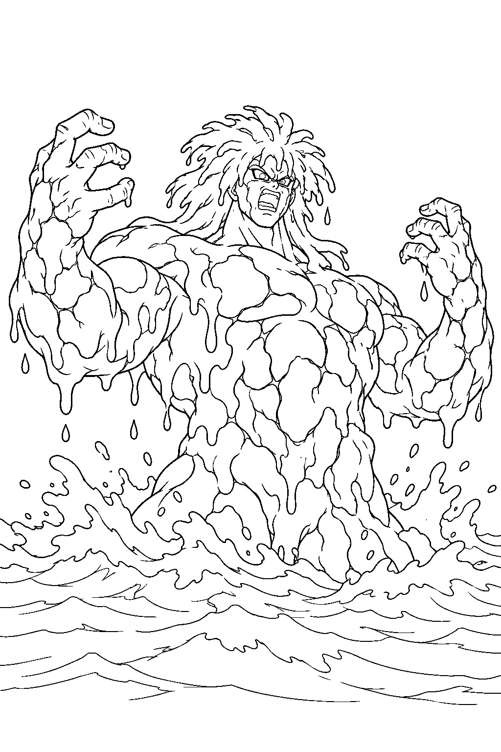 dragon ball z giant bio broly emerging from the sea as seawater hardens his body line art