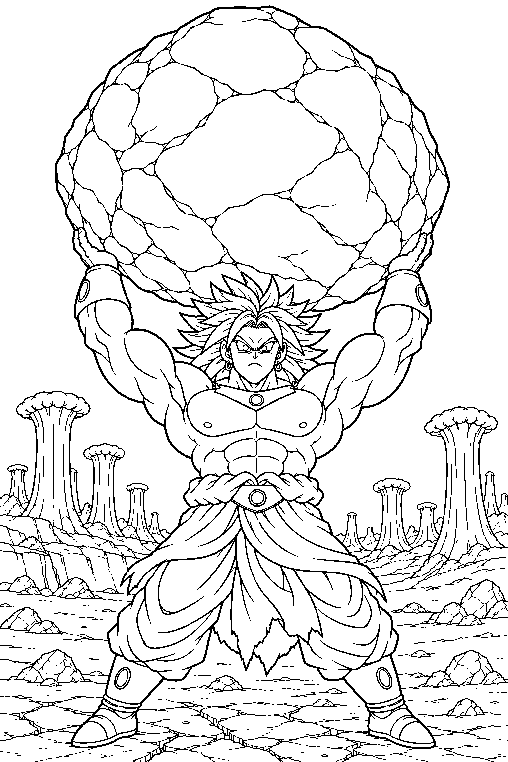 dragon ball z legendary super saiyan broly lifting a massive boulder on new planet vegeta line art