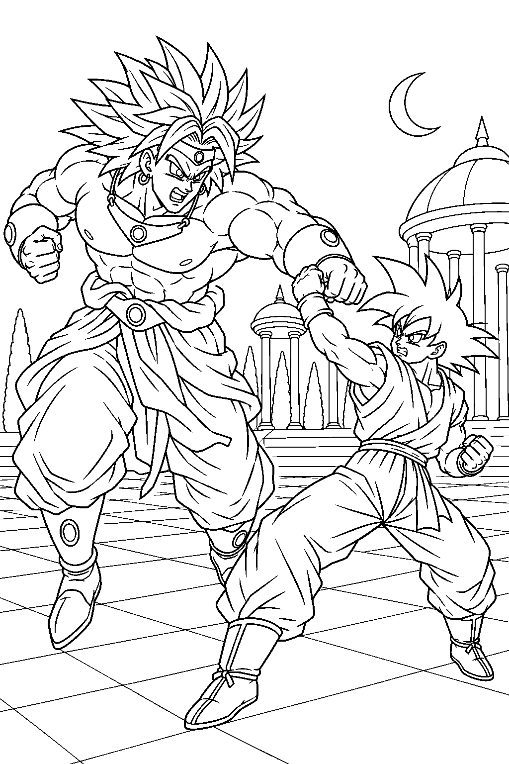dragon ball z super saiyan broly ambushing goku outside the palace at night line art