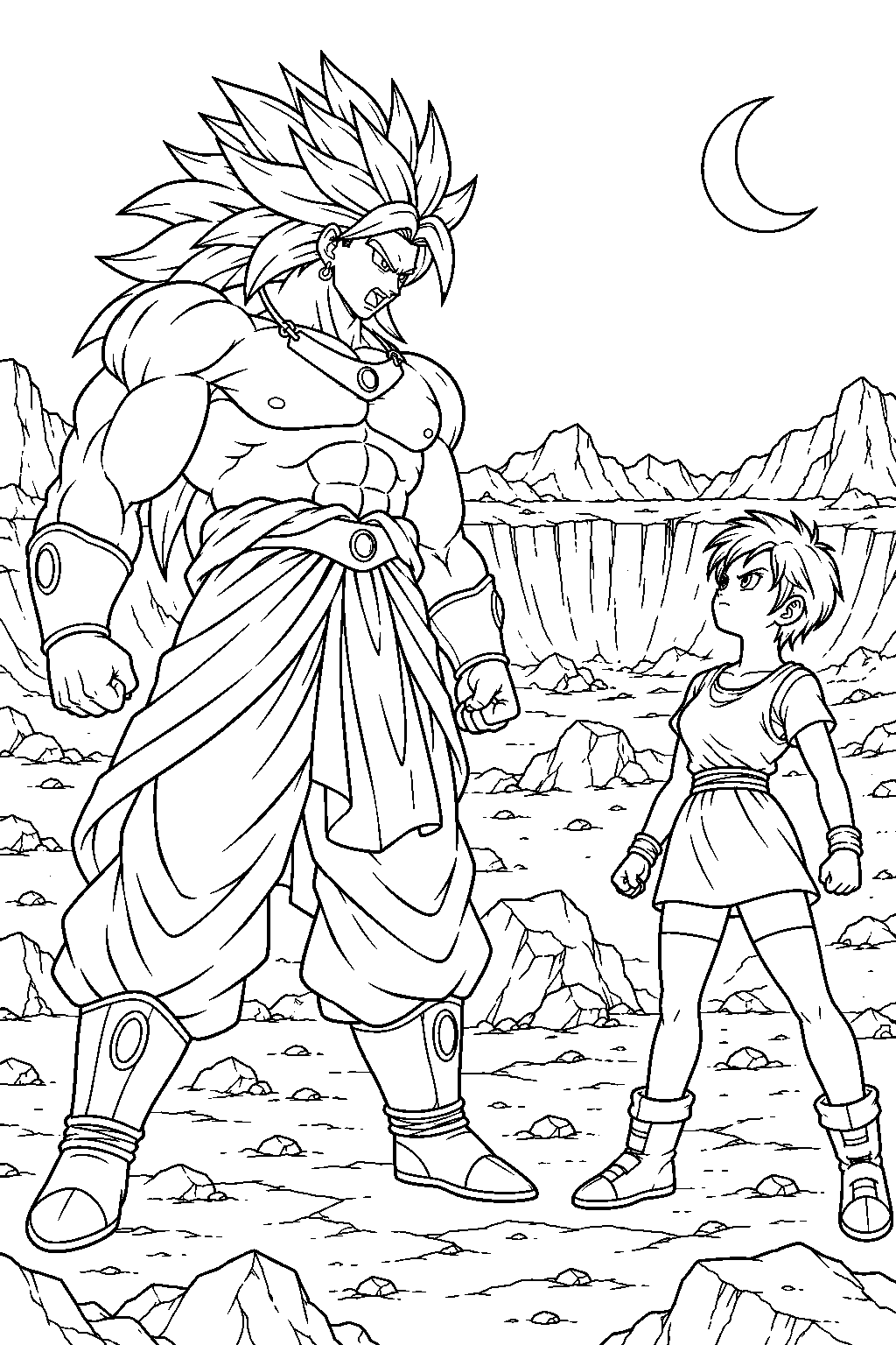 dragon ball z super saiyan broly confronting videl at the mountain crater at night line art