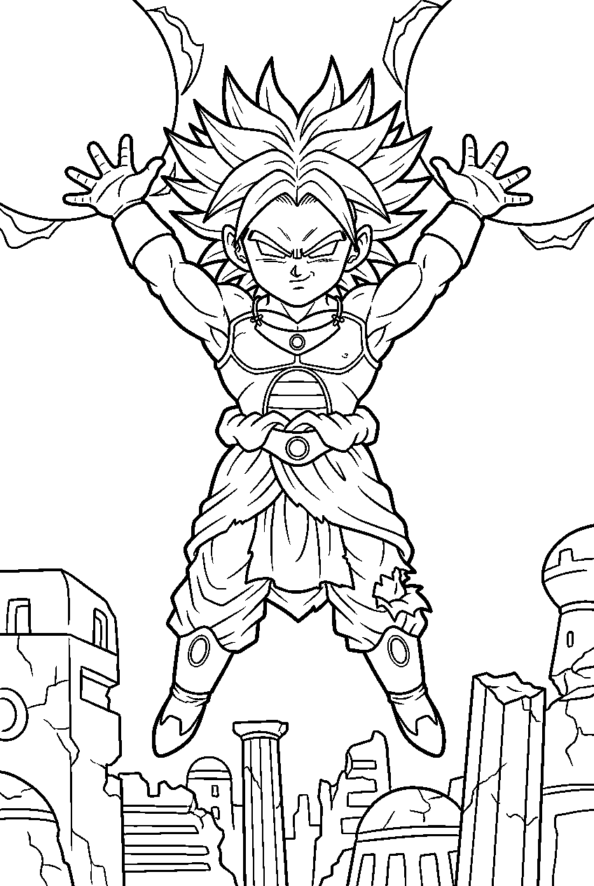 dragon ball z young broly unleashing an energy attack above a ruined alien city line art