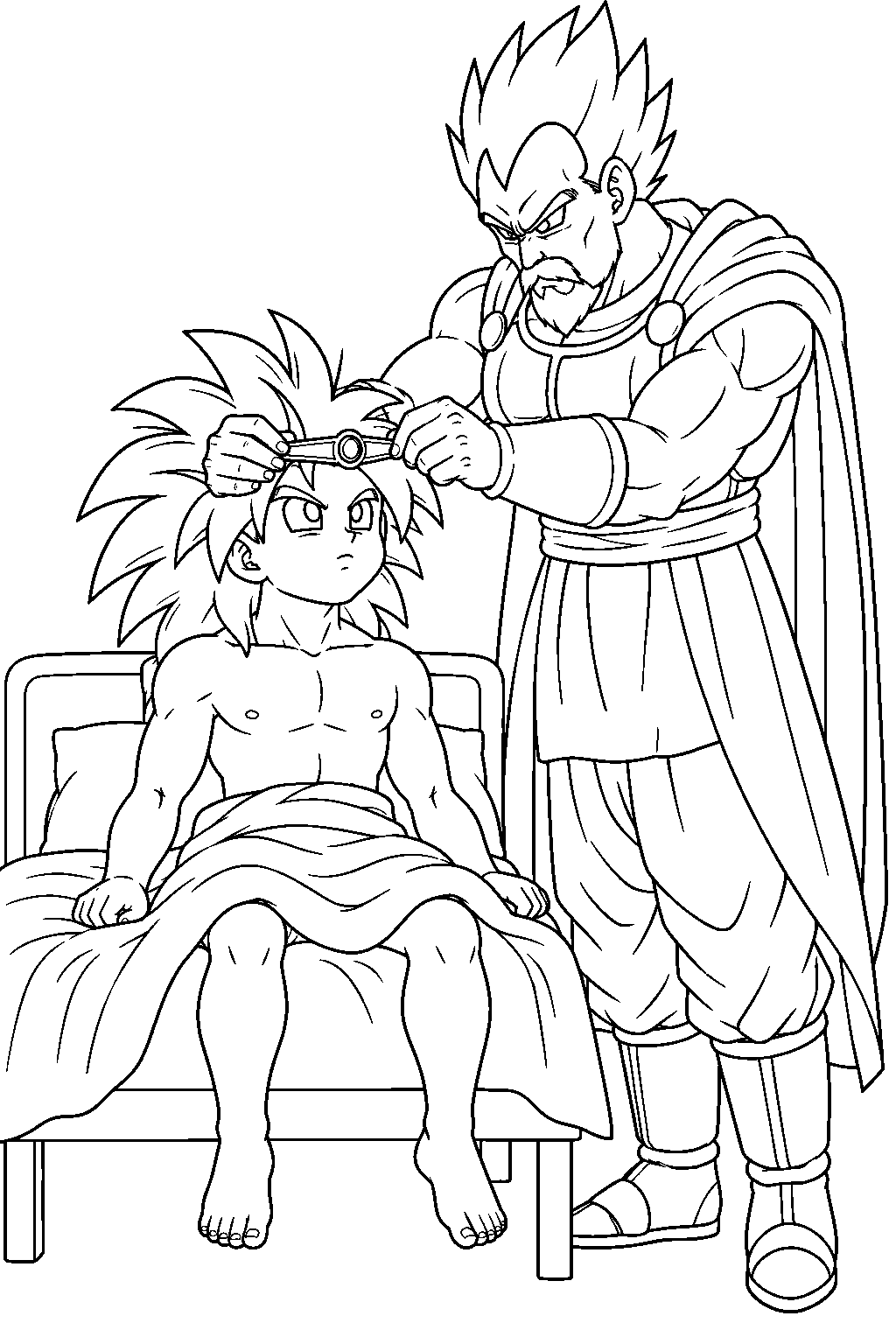dragon ball z young broly waking as paragus places the mind control headband on him line art