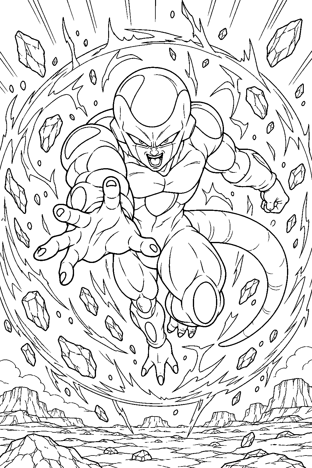 dragon ball z frieza at full power charging forward inside the energy barrier of his nova strike line art