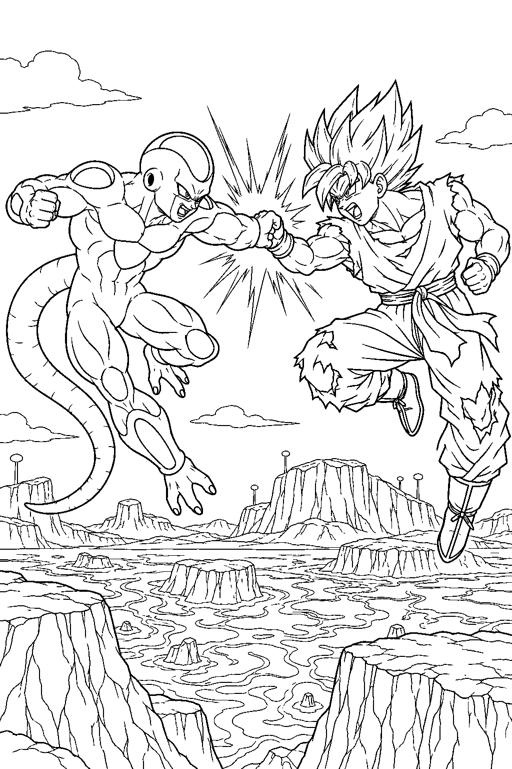 dragon ball z frieza at full power clashing fists with super saiyan goku above namek s lava fields line art