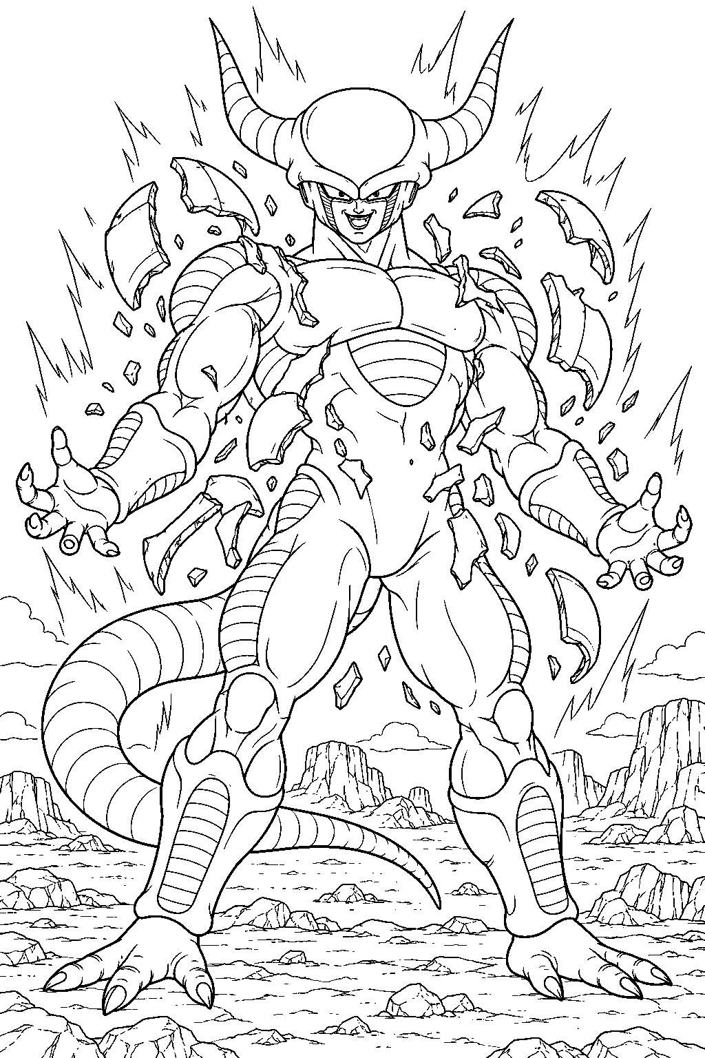 dragon ball z frieza completing his second form transformation as his battle armor breaks apart line art