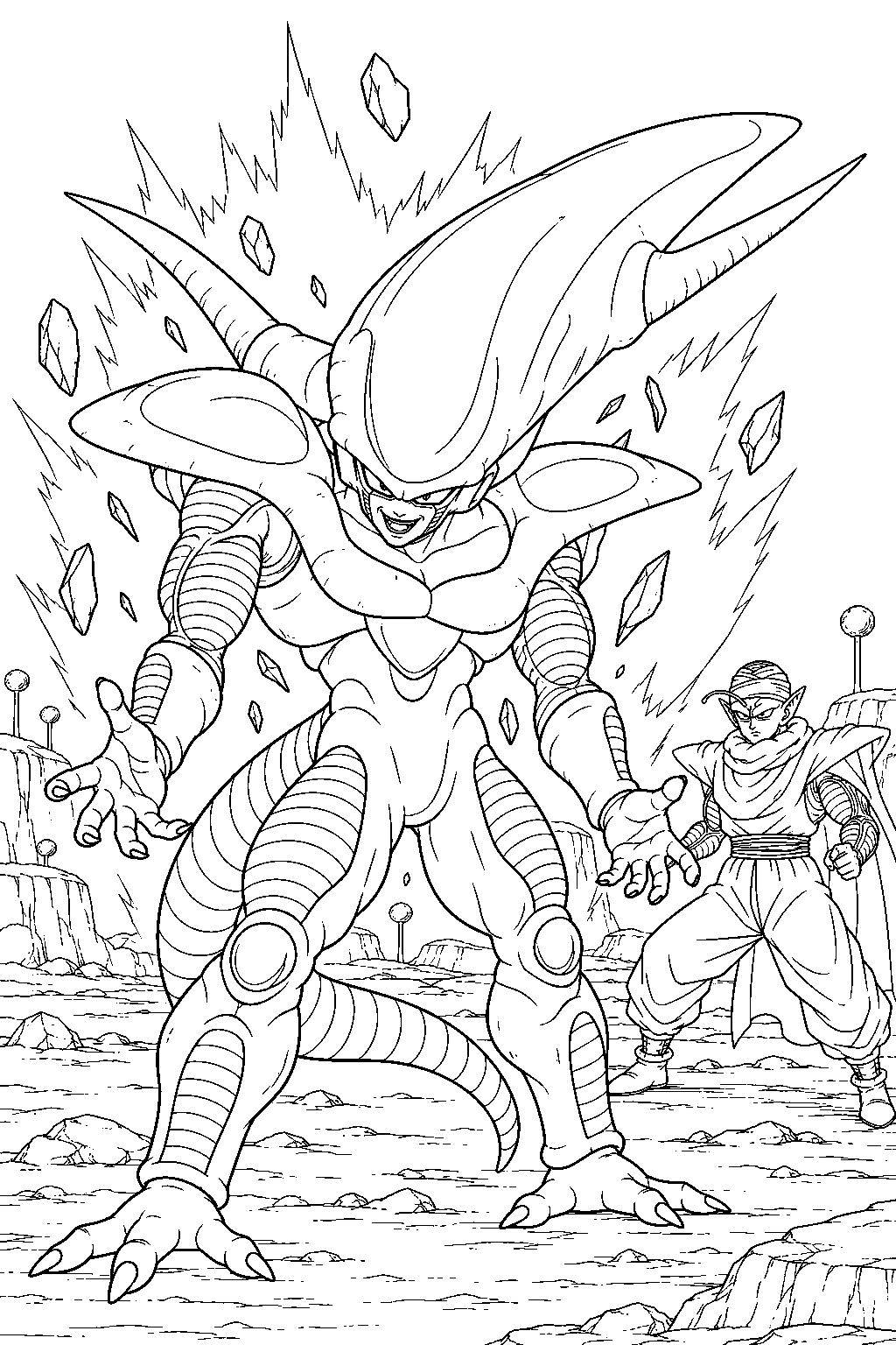 dragon ball z frieza completing his third form transformation as piccolo watches on namek line art