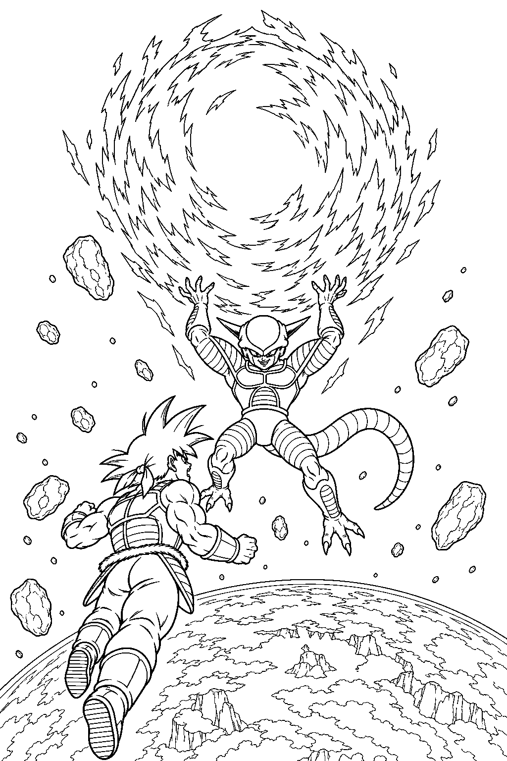dragon ball z frieza creating a supernova above planet vegeta as bardock challenges him line art