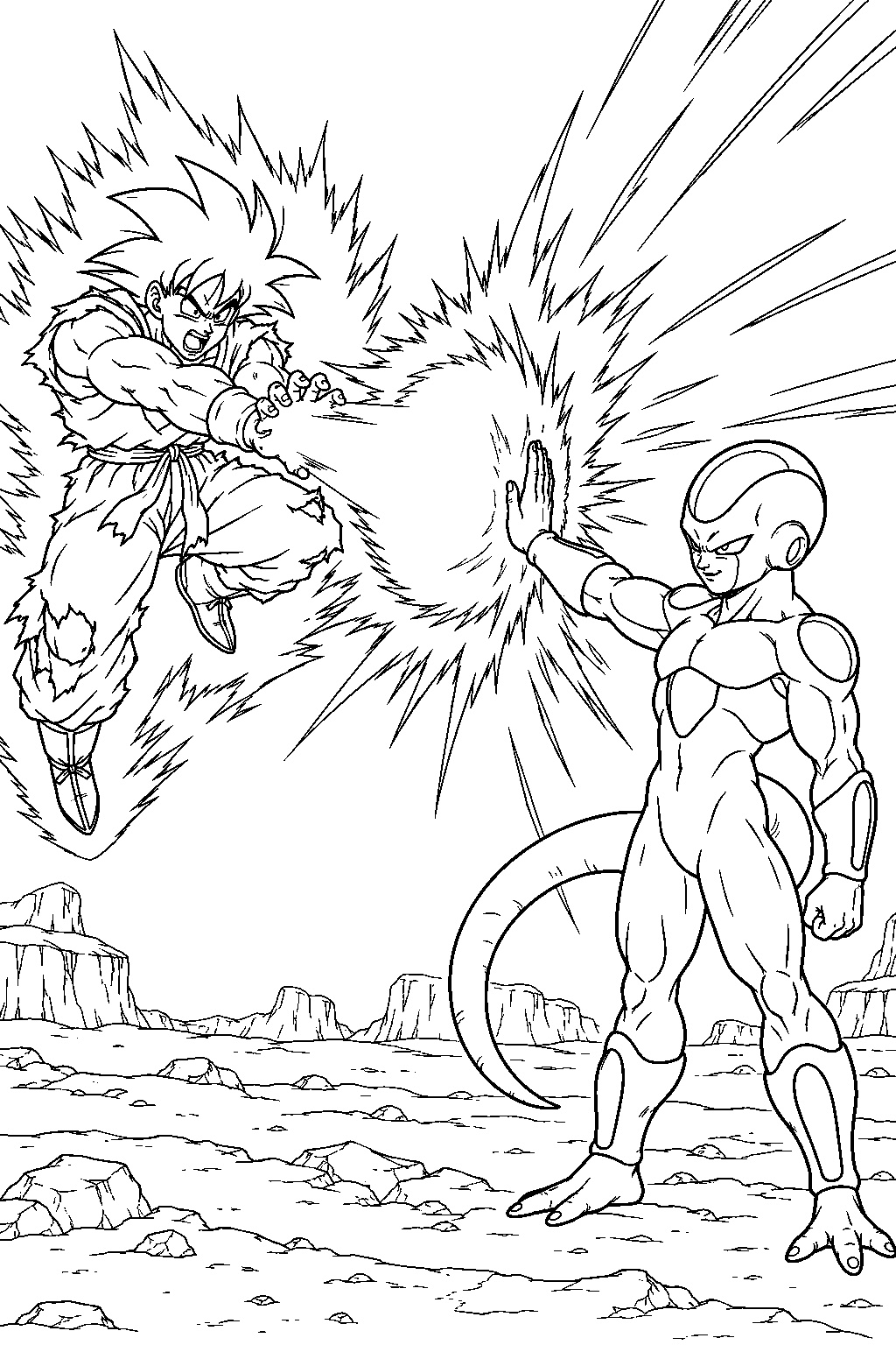 dragon ball z frieza in his final form blocking goku s kaio ken kamehameha with one hand line art