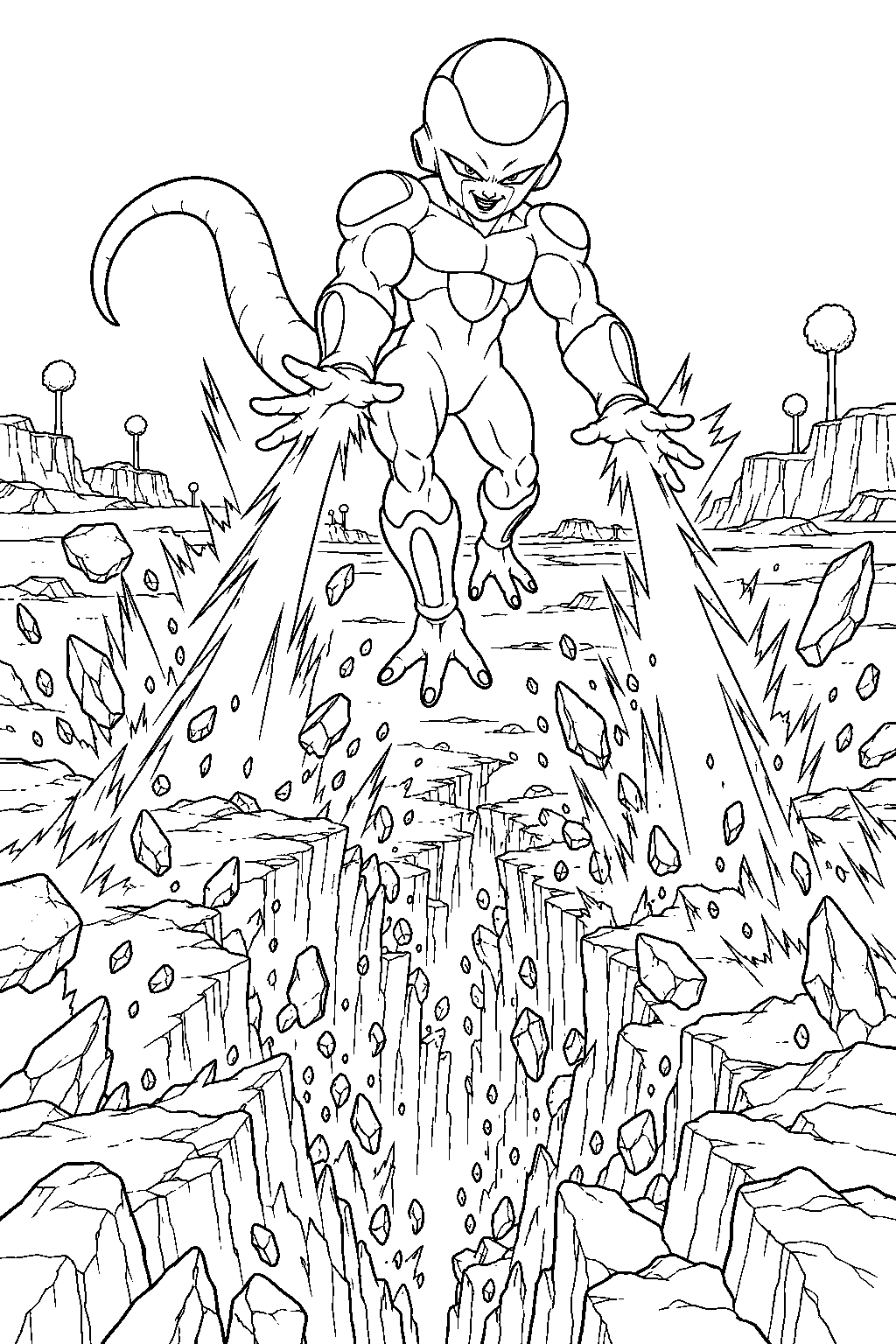 dragon ball z frieza in his final form carving a deep fissure across namek with his death wave line art
