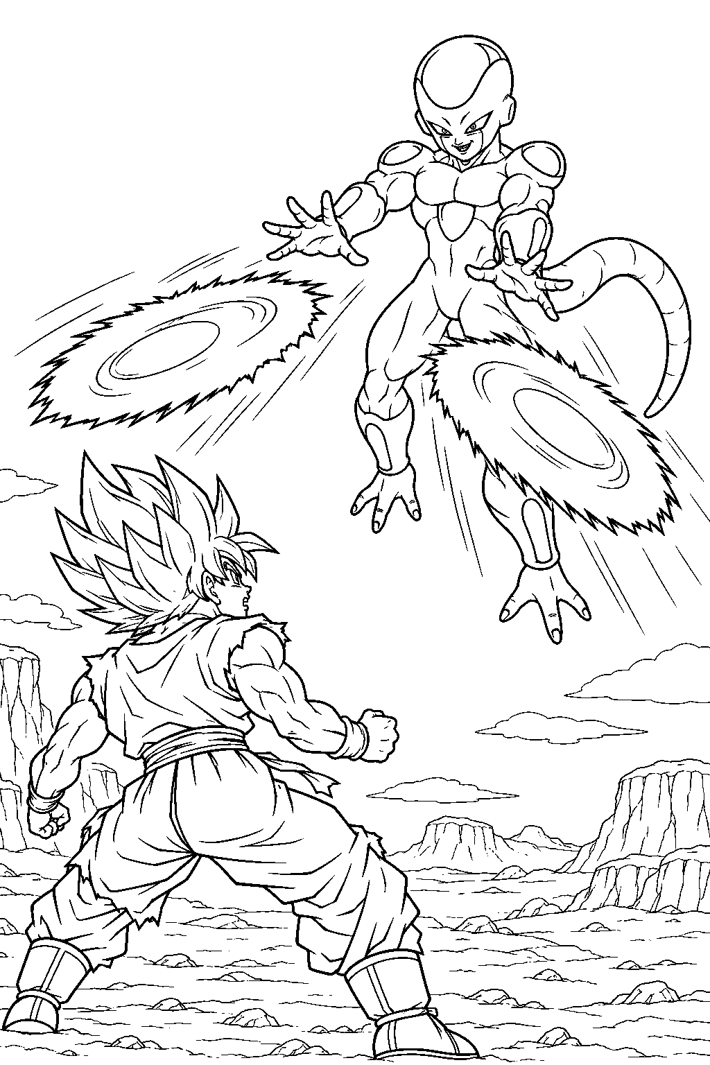 dragon ball z frieza in his final form directing two death saucers toward super saiyan goku line art
