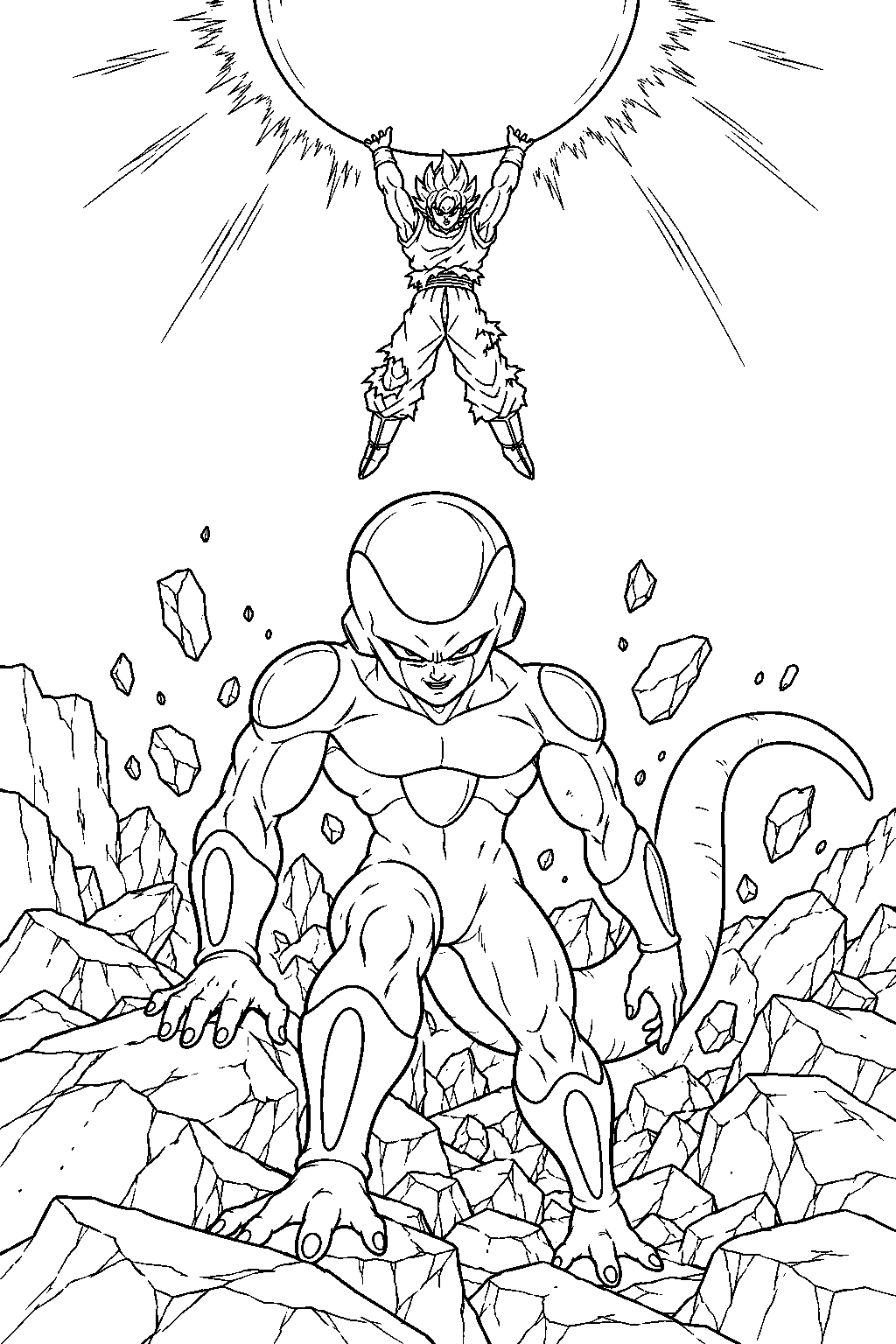 dragon ball z frieza in his final form emerging from the rubble after goku s spirit bomb line art