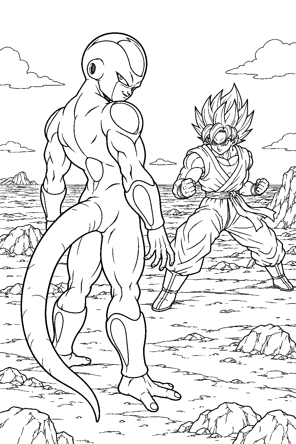 dragon ball z frieza in his final form facing super saiyan blue goku on earth s coastline line art