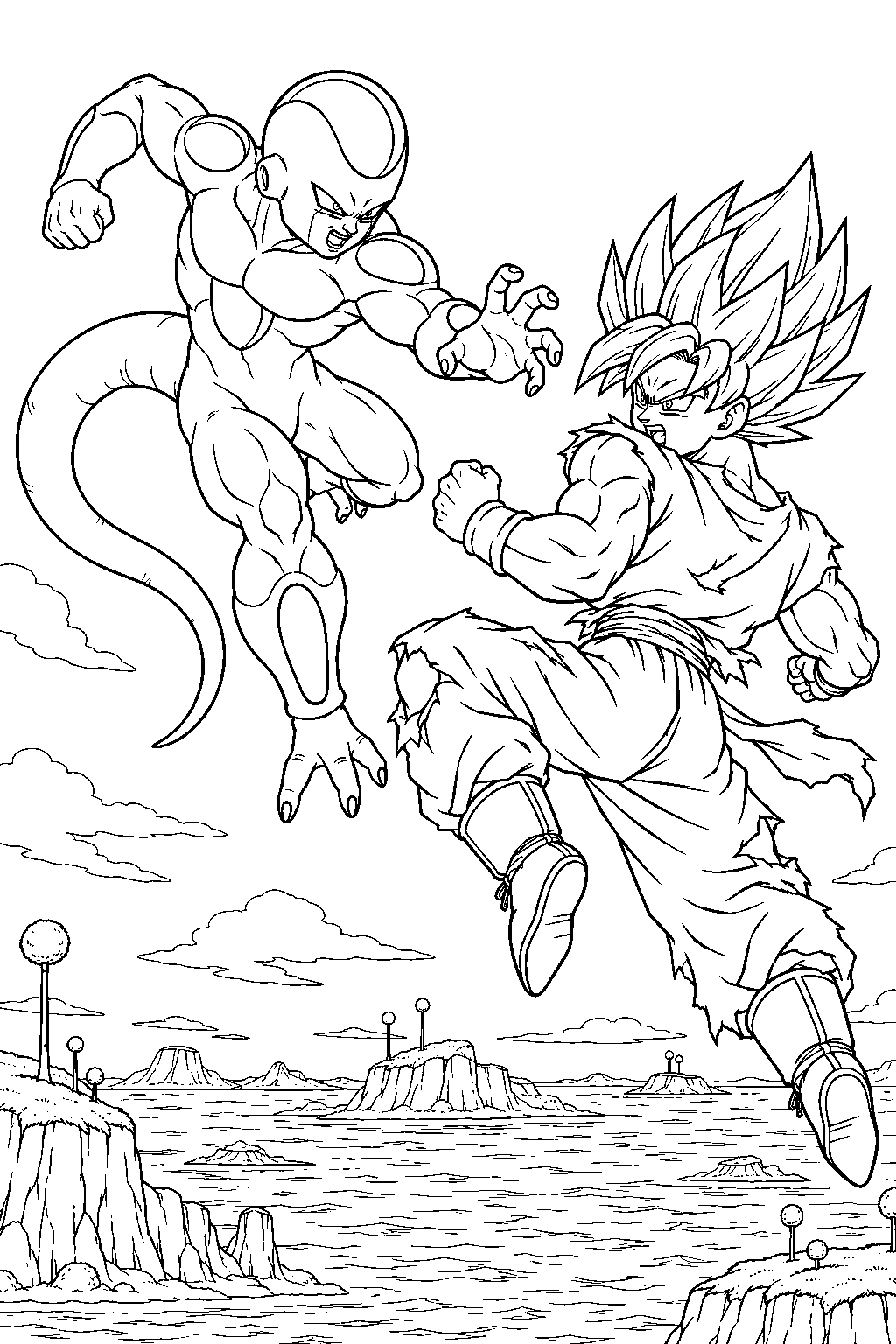 dragon ball z frieza in his final form fighting goku in midair above namek s ocean line art