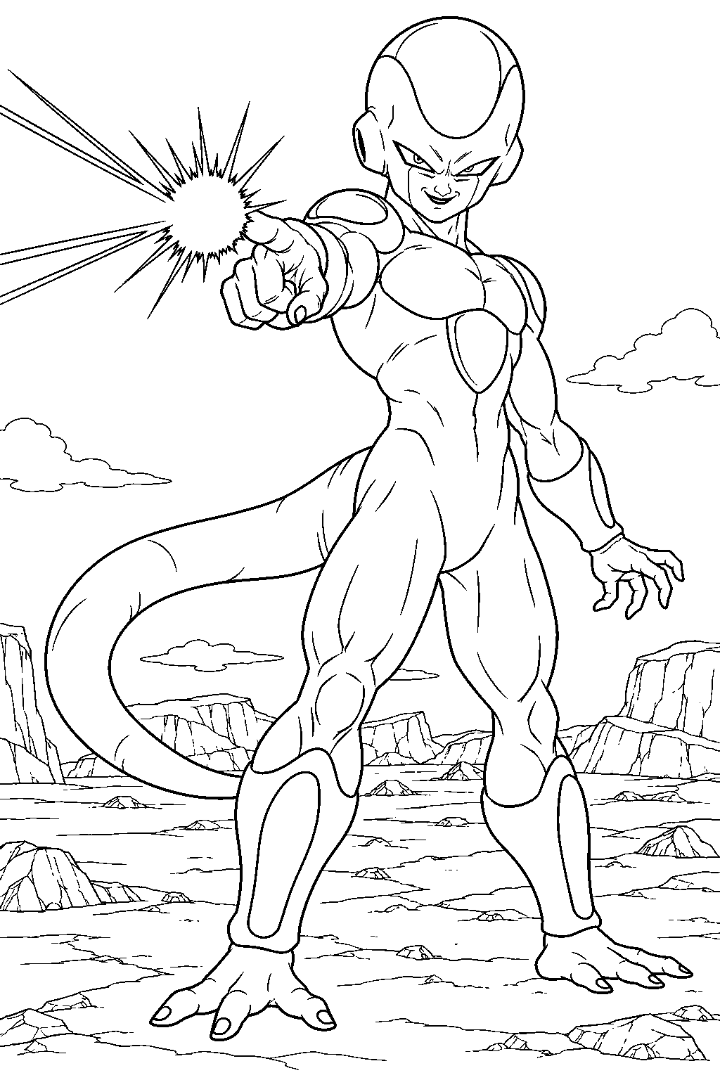 dragon ball z frieza in his final form firing his signature death beam from one fingertip line art