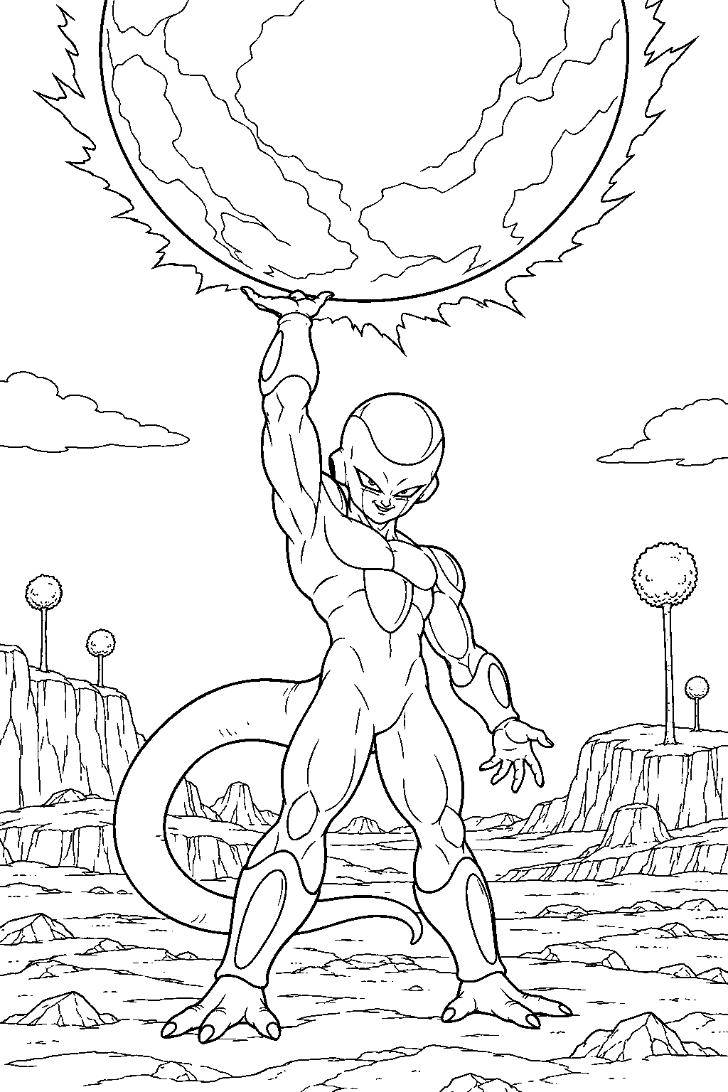 dragon ball z frieza in his final form holding a huge death ball above his raised hand on namek line art