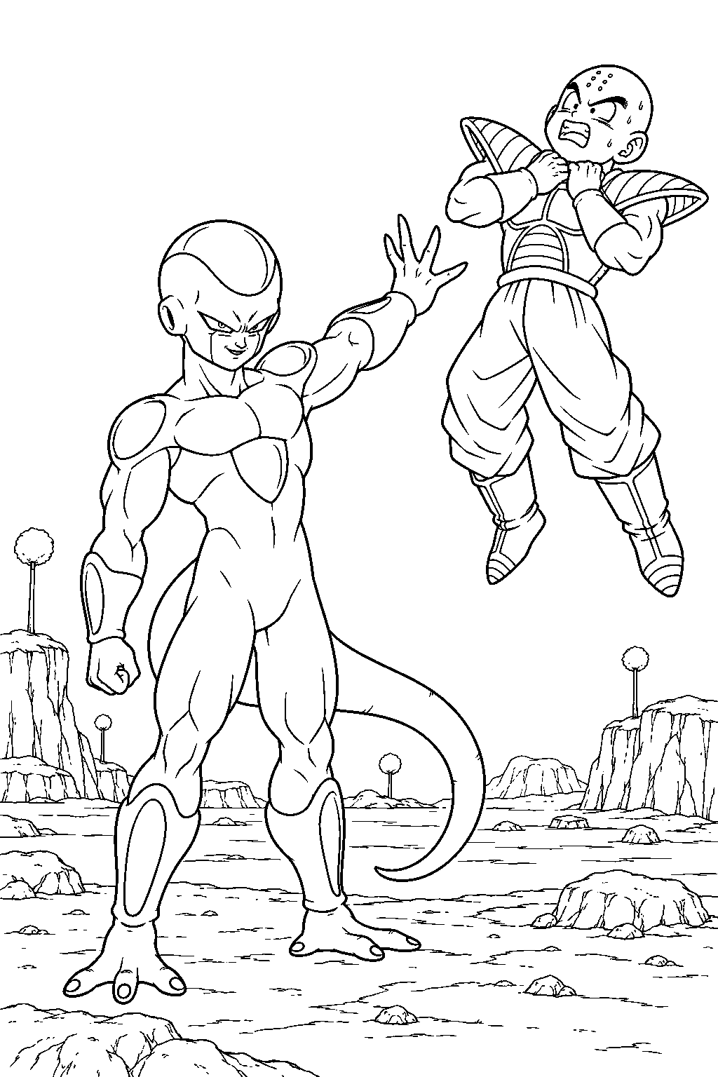 dragon ball z frieza in his final form lifting krillin into the air with telekinesis line art