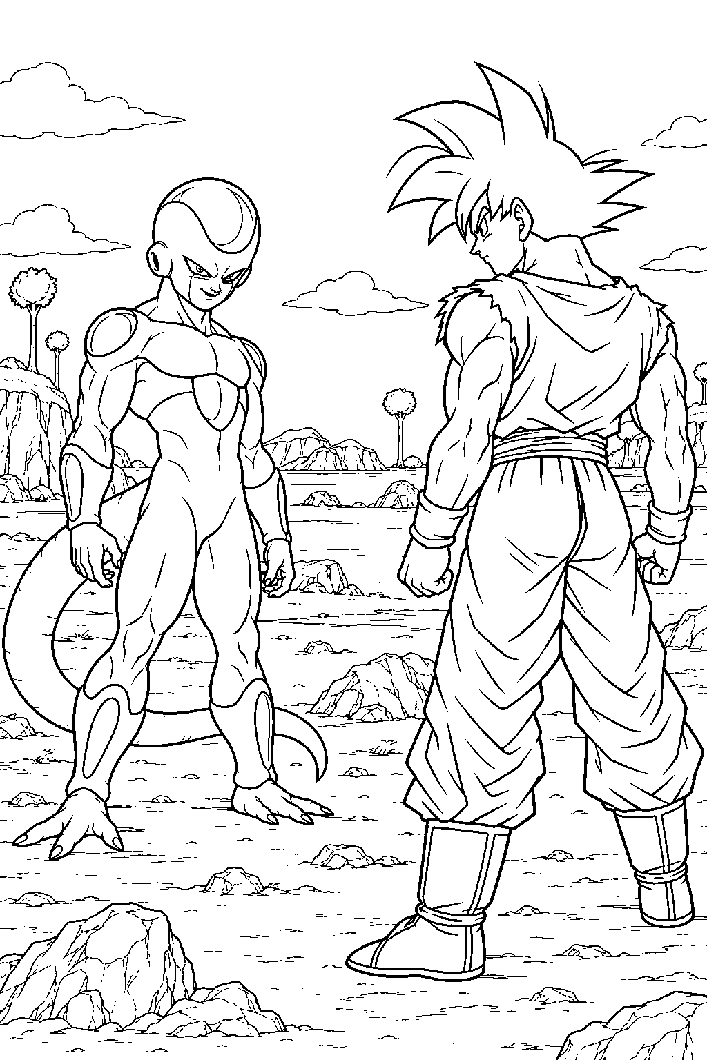 dragon ball z frieza in his final form meeting goku at the namek battlefield line art