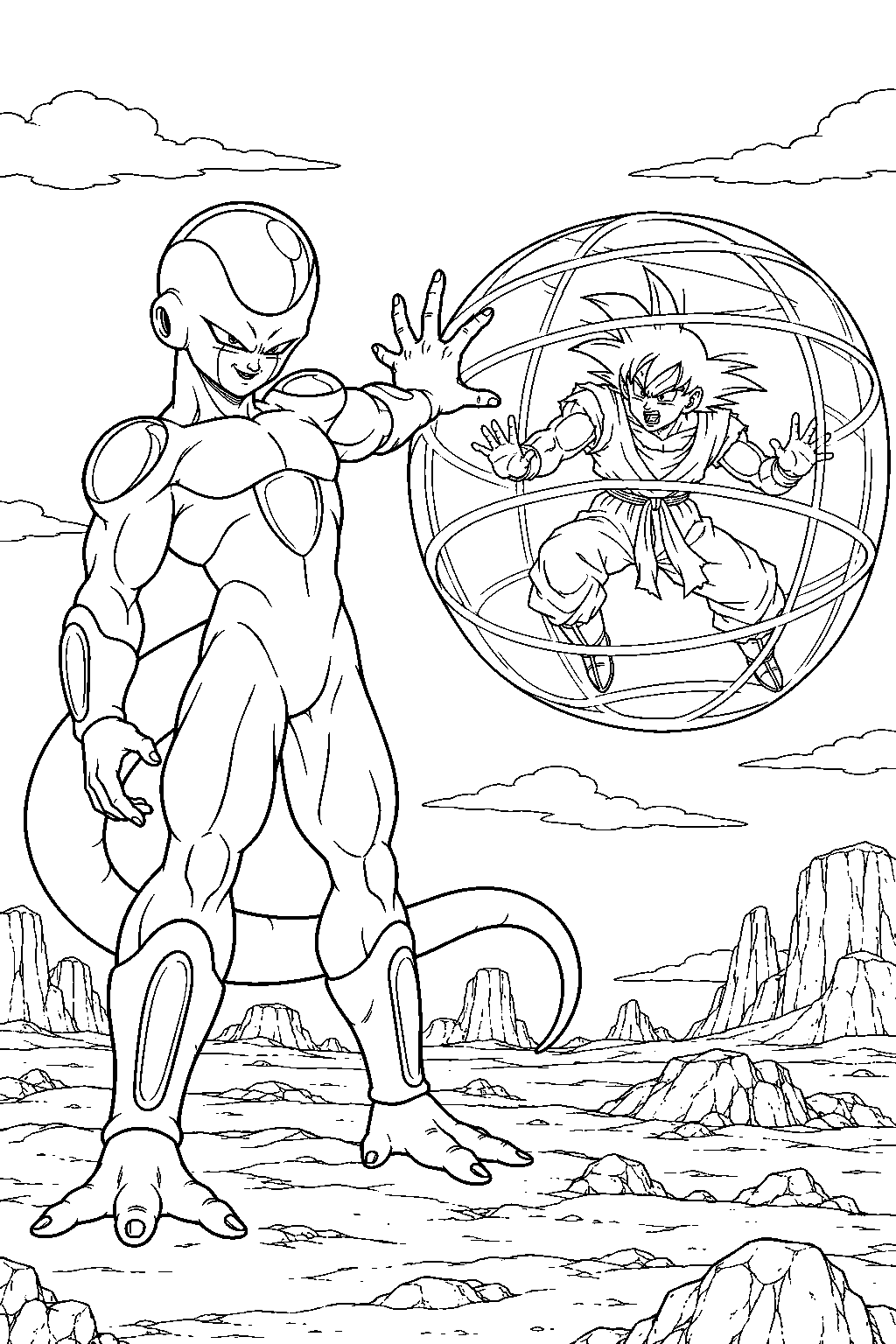 dragon ball z frieza in his final form trapping goku inside a floating imprisonment ball line art