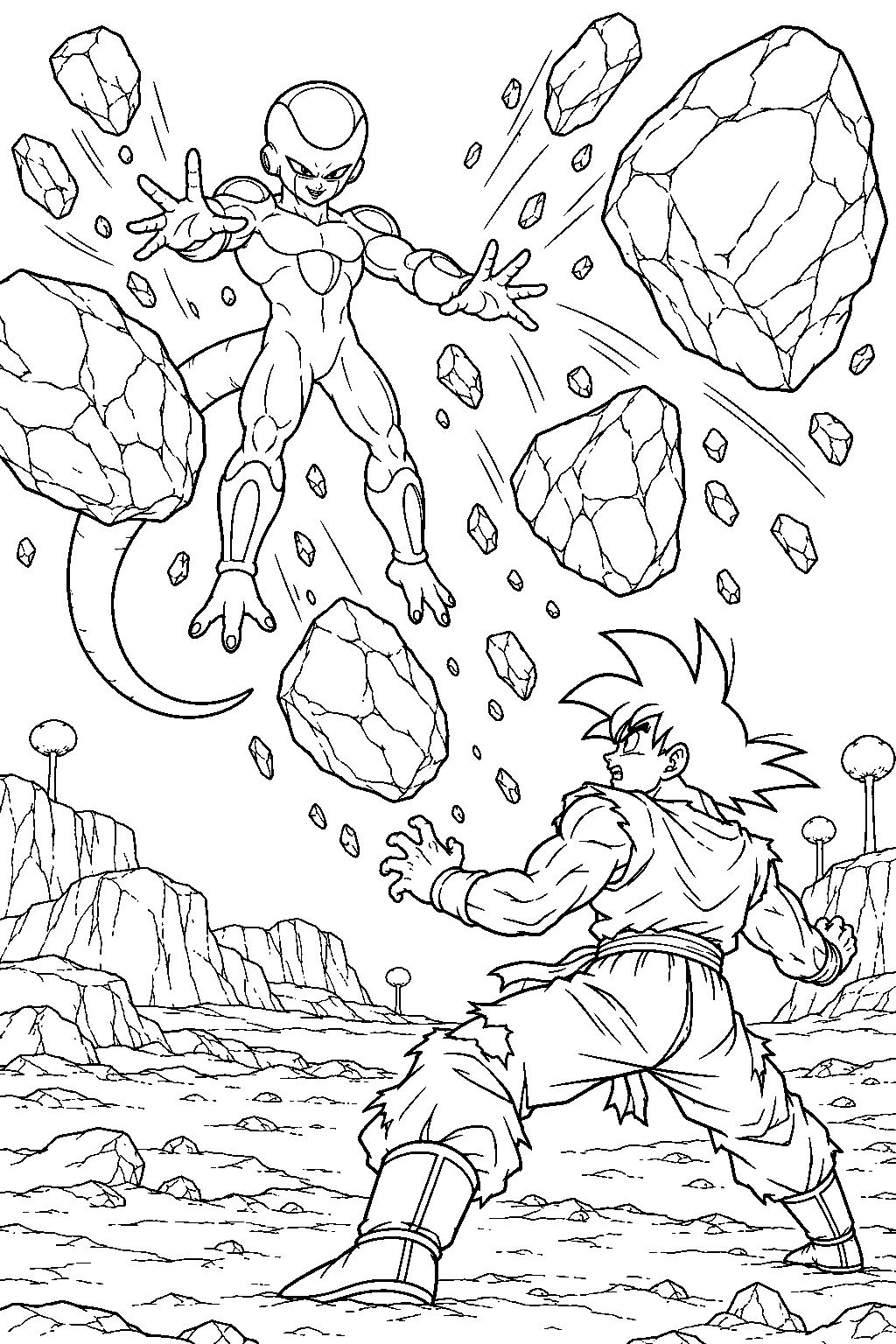 dragon ball z frieza in his final form using telekinesis to hurl giant rocks toward goku line art