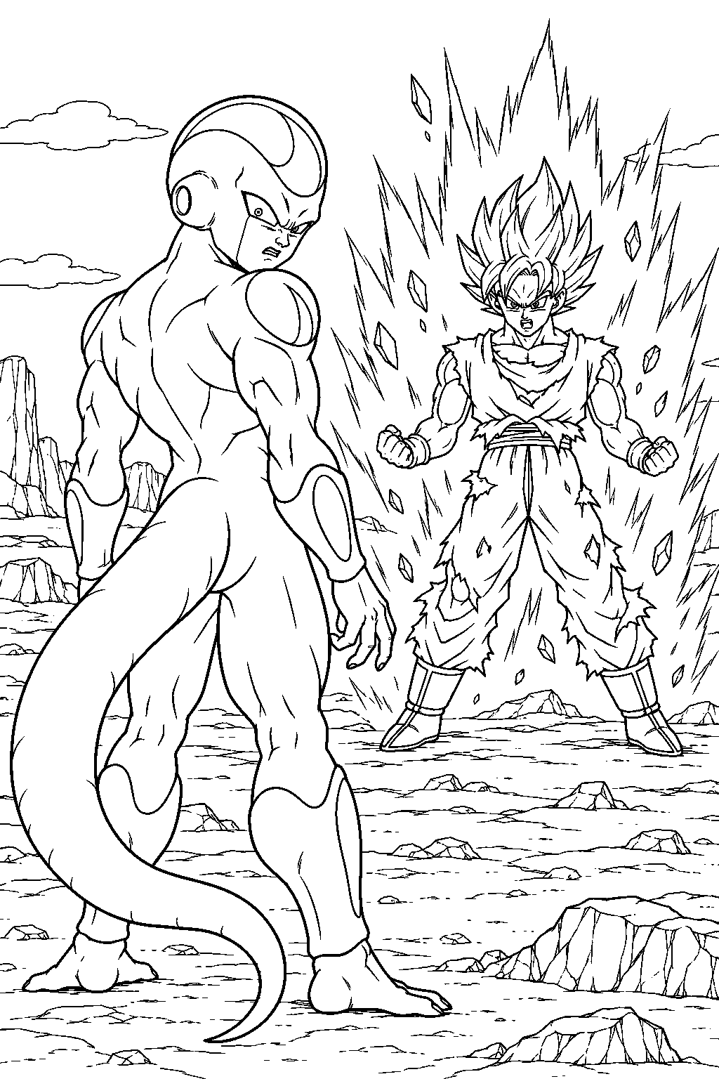 dragon ball z frieza in his final form watching goku transform into a super saiyan for the first time line art