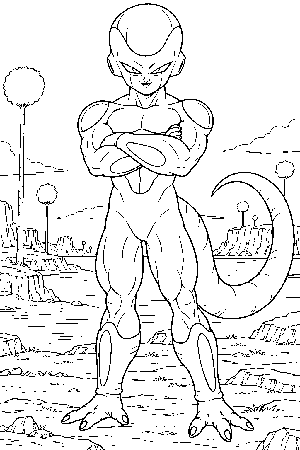 dragon ball z frieza in his final form with crossed arms and his tail curved behind him on namek line art
