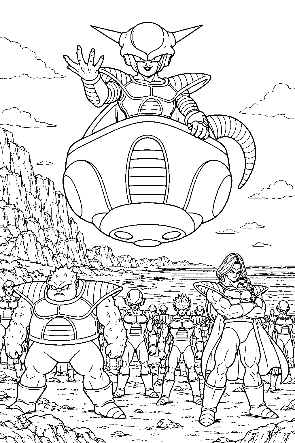 dragon ball z frieza in his first form addressing his army from a hover pod on earth s coastline line art