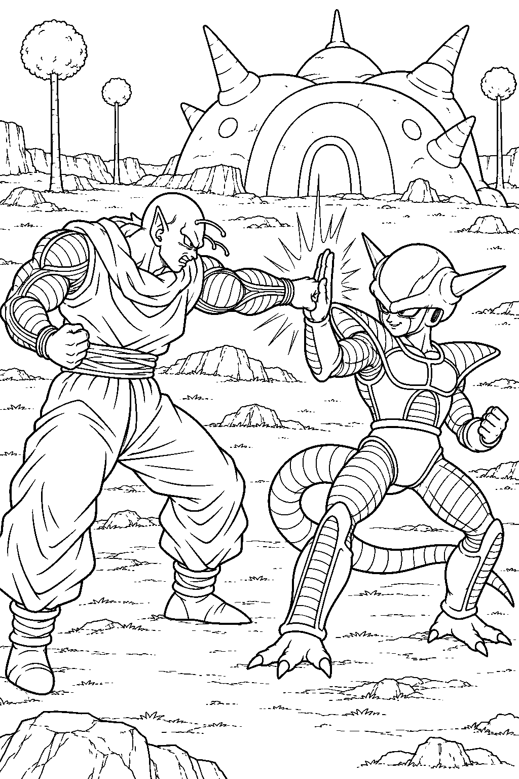 dragon ball z frieza in his first form blocking nail s punch outside grand elder guru s house line art