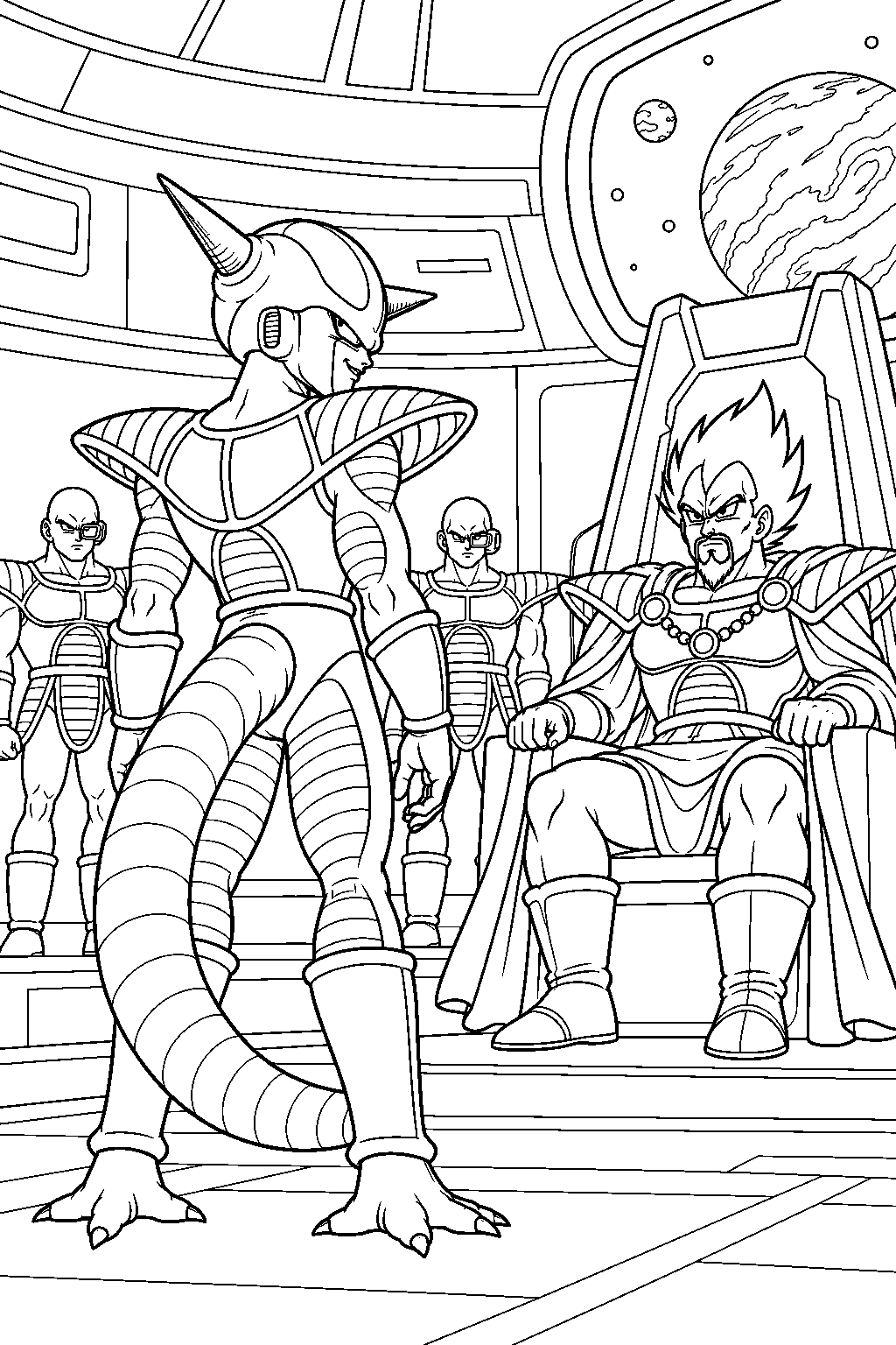 dragon ball z frieza in his first form confronting king vegeta inside his spaceship line art