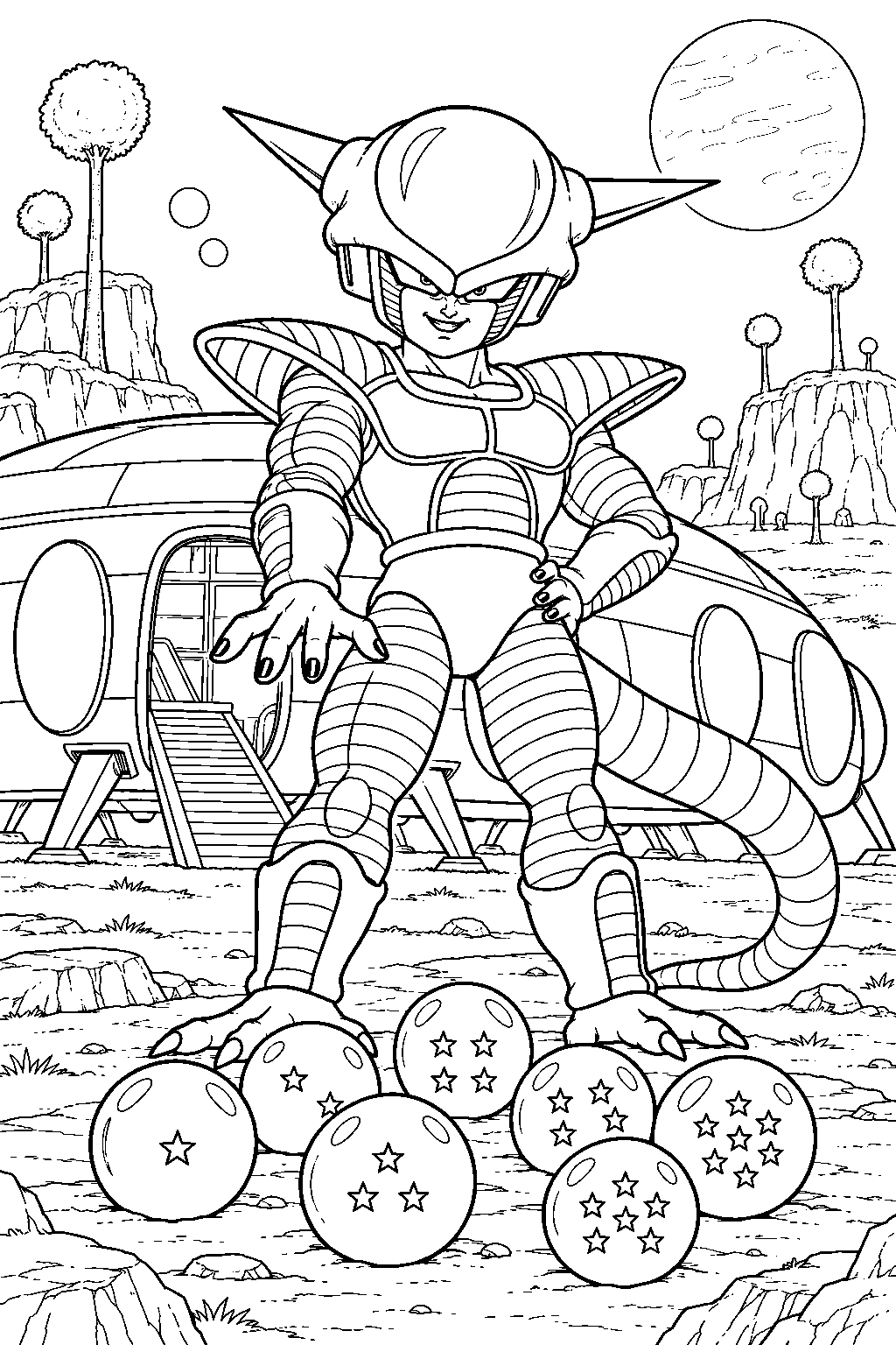dragon ball z frieza in his first form guarding all seven namekian dragon balls beside his spaceship line art