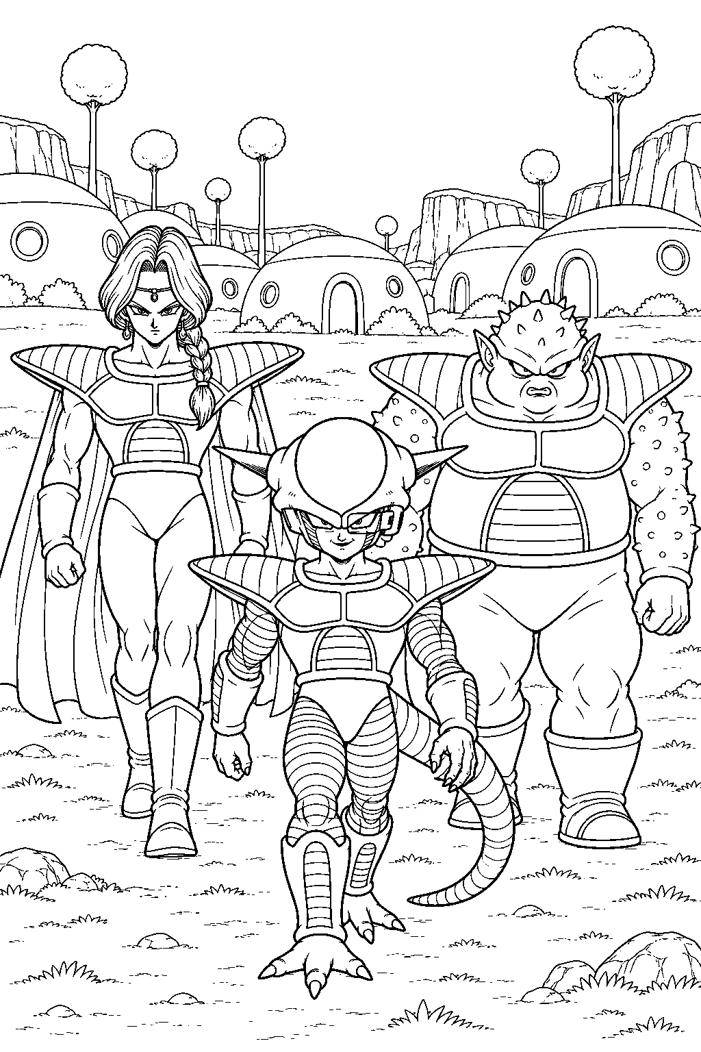 dragon ball z frieza in his first form leading zarbon and dodoria into a namekian village line art
